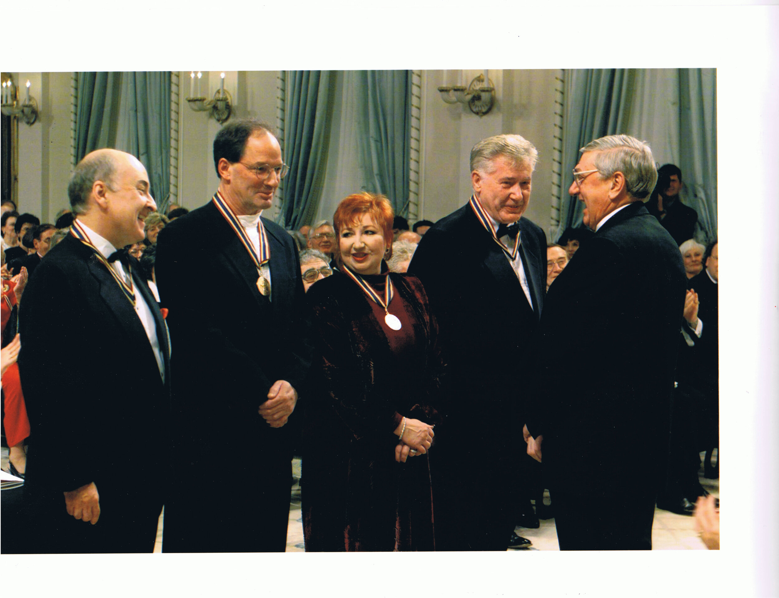 1998 - Air Farce cast receiving the Governor-General Performing Arts Award - Roger Abbott, Don Ferguson, Luba Goy, John Morgan, Romeo LeBlanc.jpg