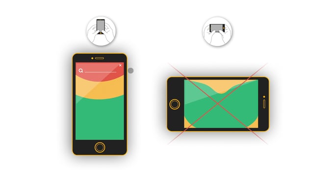 When a user uses both hands and thumbs, the golden ratio curve runs into some issues. In the vertical phone context, when the buttons are on the top, the reach for the thumbs is not the most ideal and there is a "no reach" zone (red). Also, in the h
