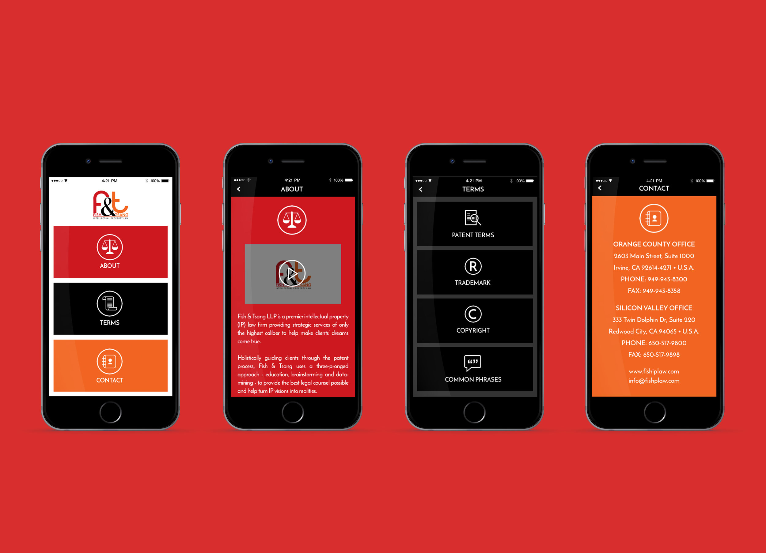 Home page allows users to access IP terms, information about Fish & Tsang, and contacts.