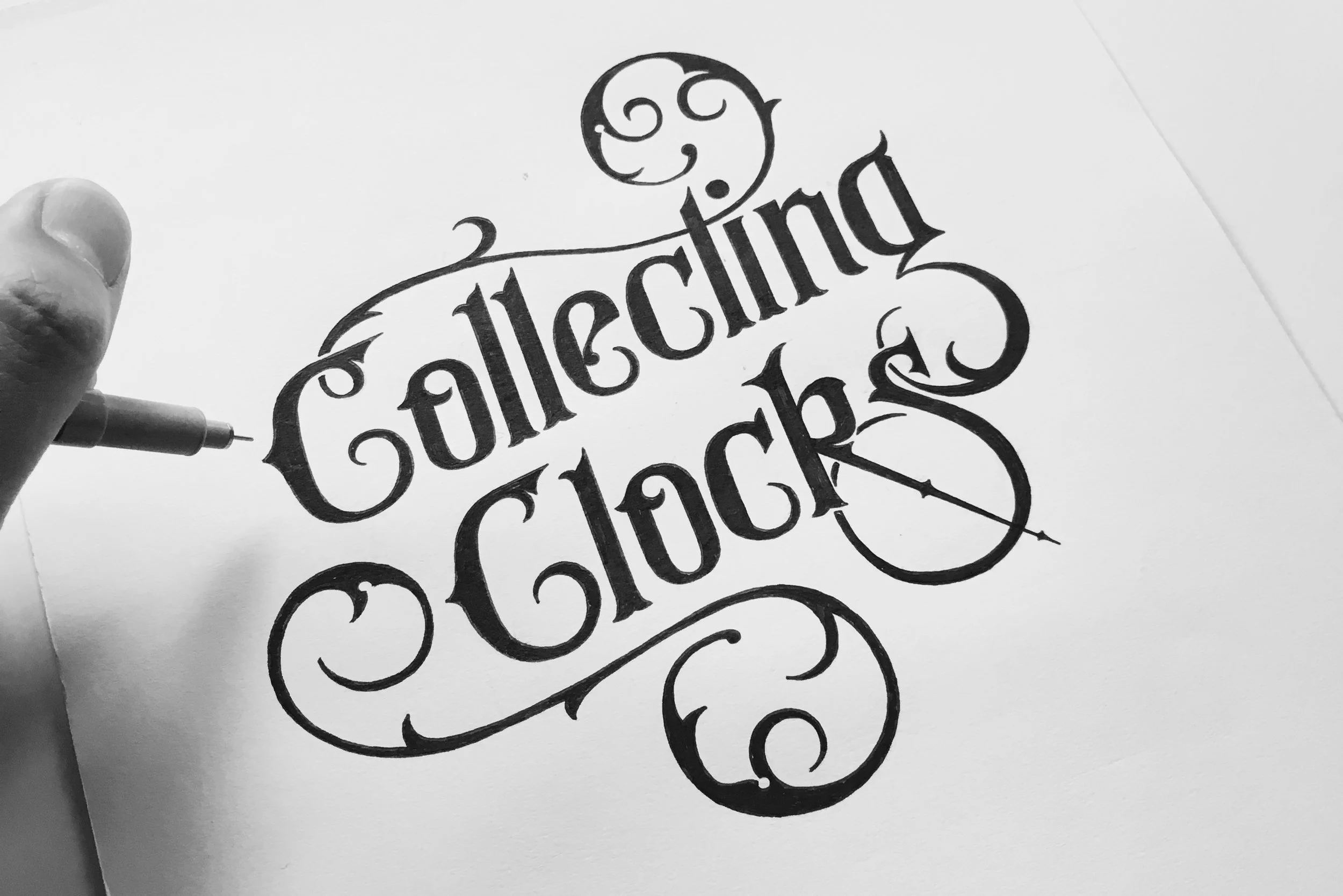     "Collecting Clocks" title hand-lettered design.       