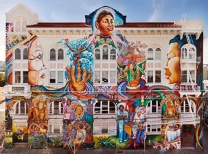 MAESTRAPEACE, Lapidge Street façade, The San Francisco Women's Building, 18th and Valencia Streets, Juana Alicia, Edythe Boone, Miranda Bergman, Susan Cervantes, Meera Desai, Yvonne Littleton and Irene Perez, © 1994, 2000, 2010.