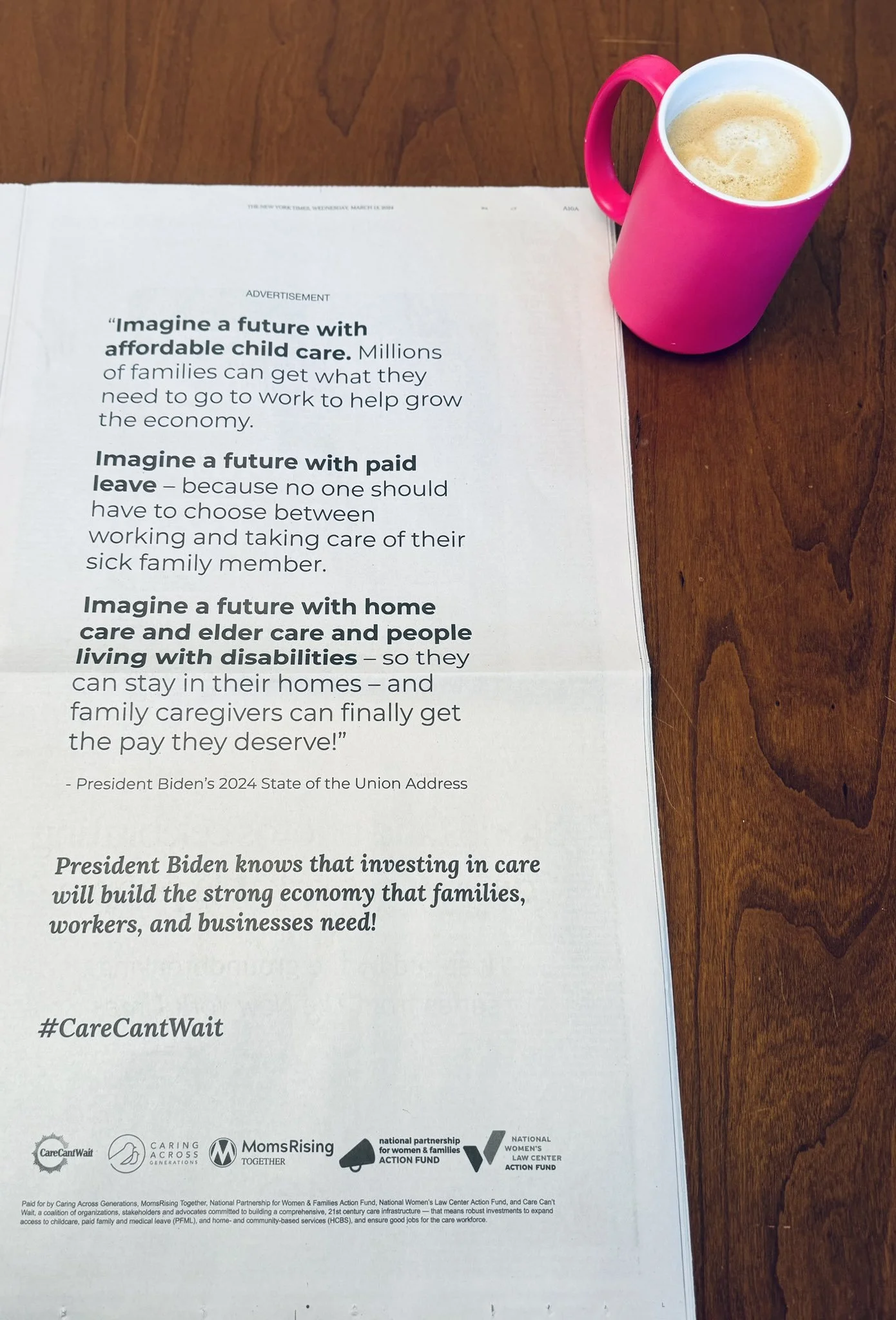 Full Page New York Times Ad Praises President Biden’s Inclusion of Care Priorities in SOTU