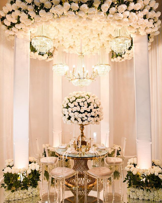 Surrounded by the {purest white roses}. Gorgeous booth design by @loveitevents ❤️ Photo: @armenphoto | Florals: @petalsla | Rentals @rentalavenue for #idobridalevent