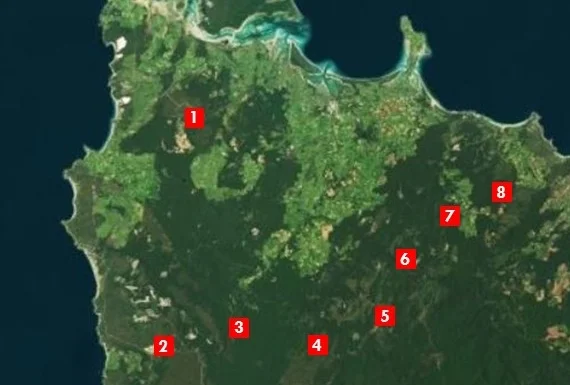 Our study sites in northwestern Tasmania: (1) Woolnorth, (2) Wuthering Heights, (3) Blackwater, (4) Sumac Road, (5) Milkshake Hills, (6) Wedge Plains, (7) Dip River, and (8) New Haven.