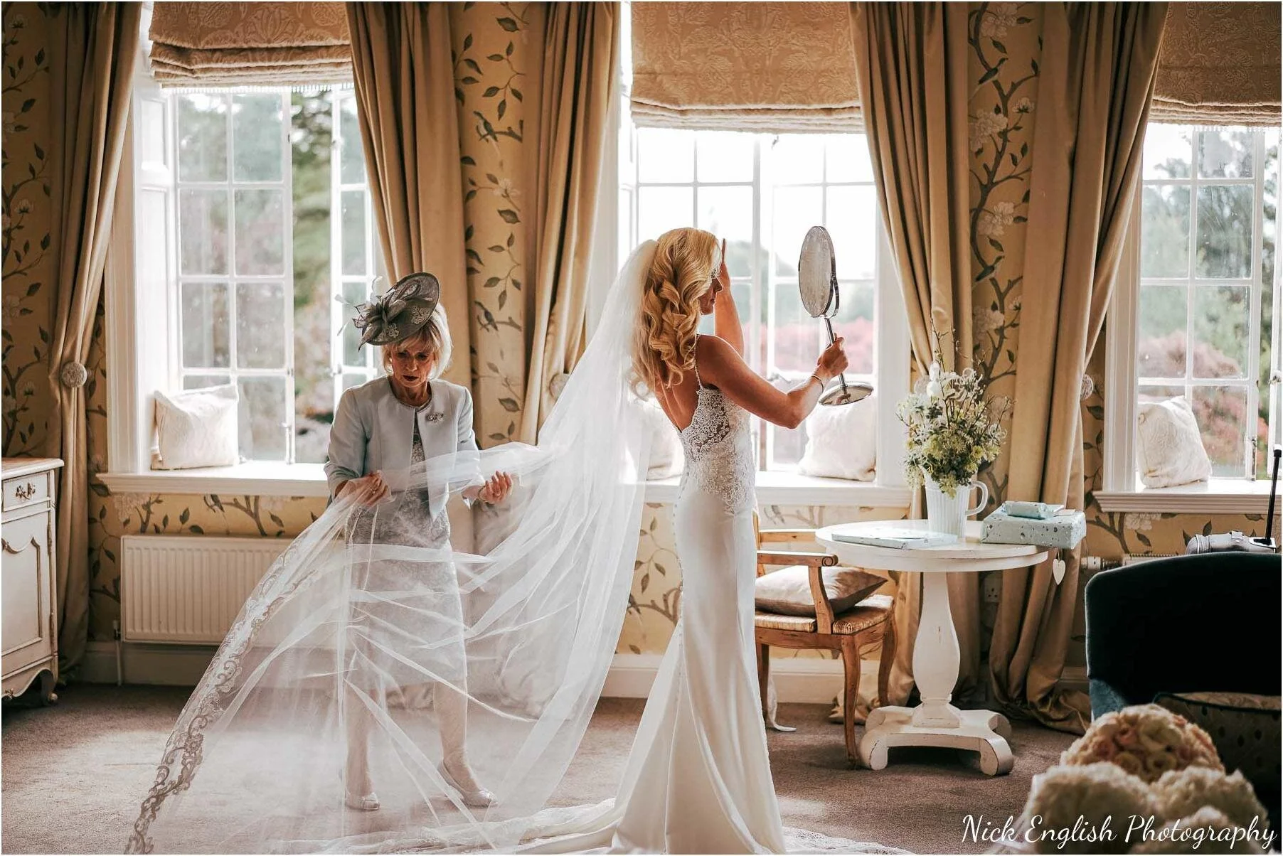 Nick English Photography Bridal Prep Eaves Hall Kemple Suite Bride Dress Veil Lancashire Ribble Valley