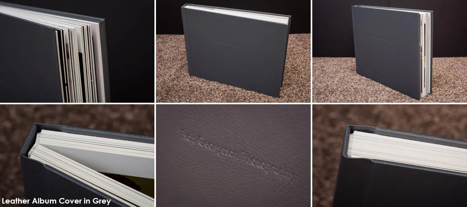 Grey Leather cover with debossed text