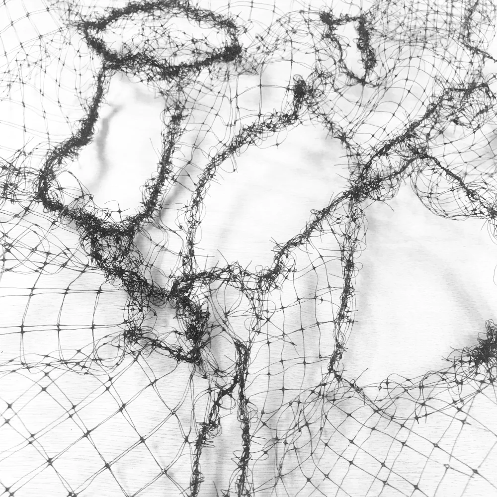 Mendwork; Study #3. From A/mends . Bird netting and black thread. 2018