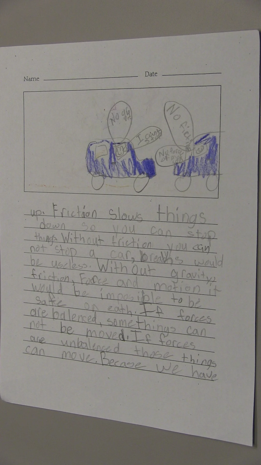  Again, this student has included drawings that are a kind of model for their vision of a world without friction. 