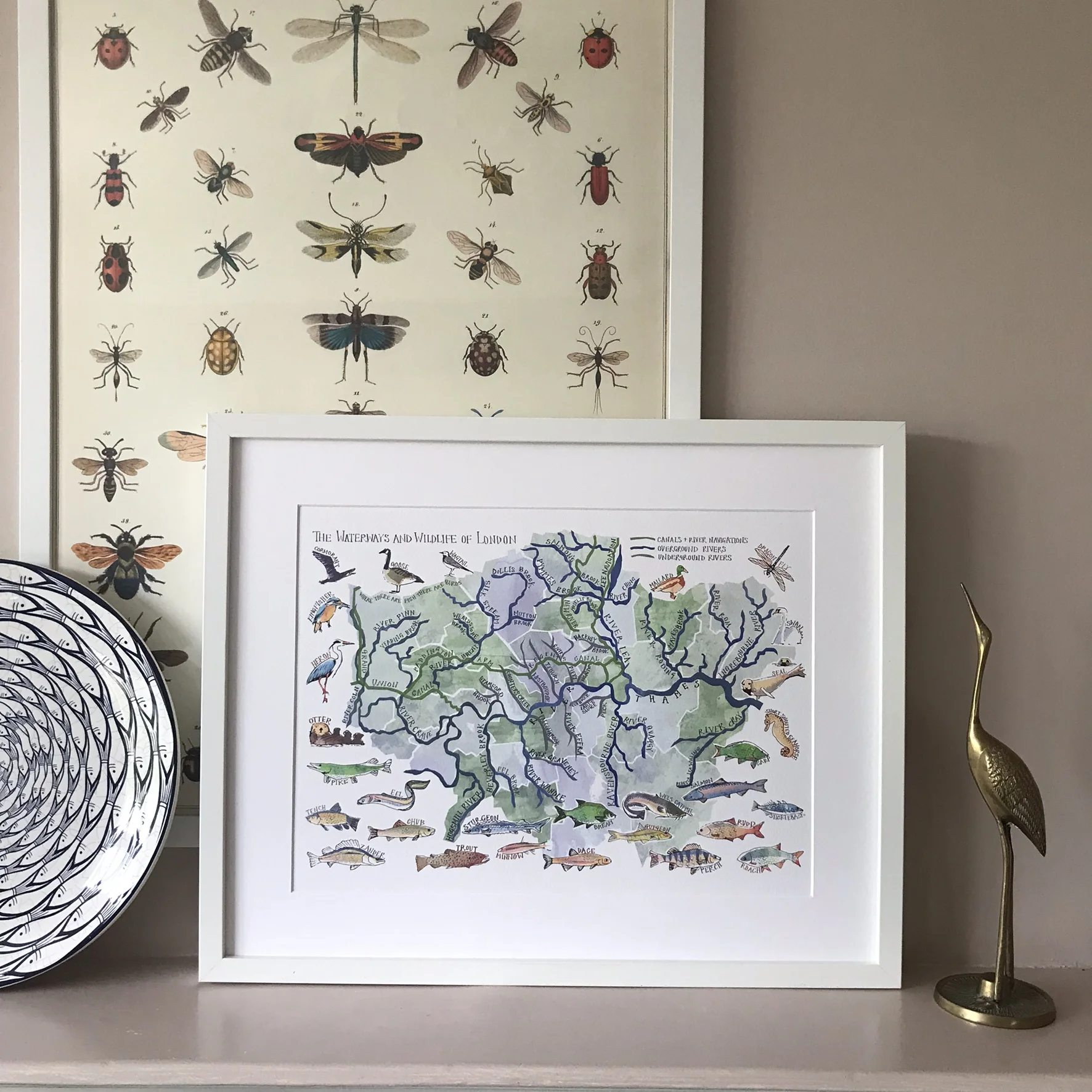 A3 watercolour painting of the London Wildlife and Waterways Map Print