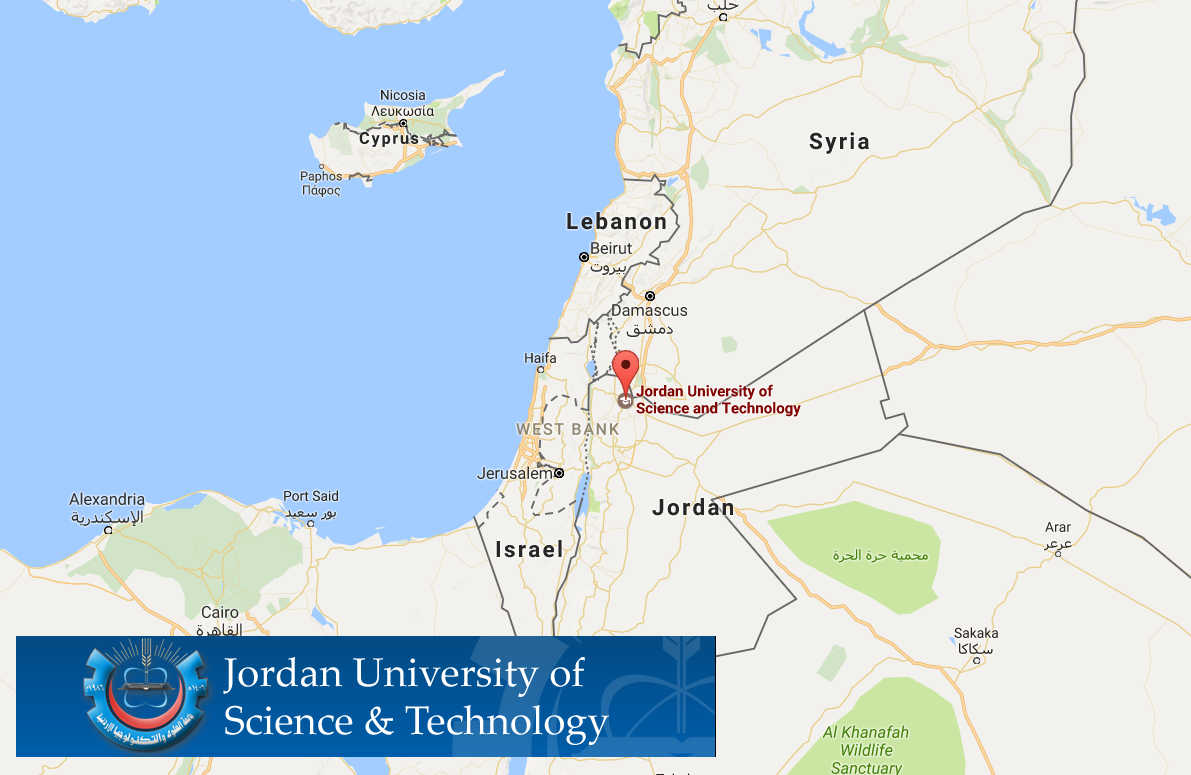 Map of Jordan with locator pin at Jordan University of Science and Technology