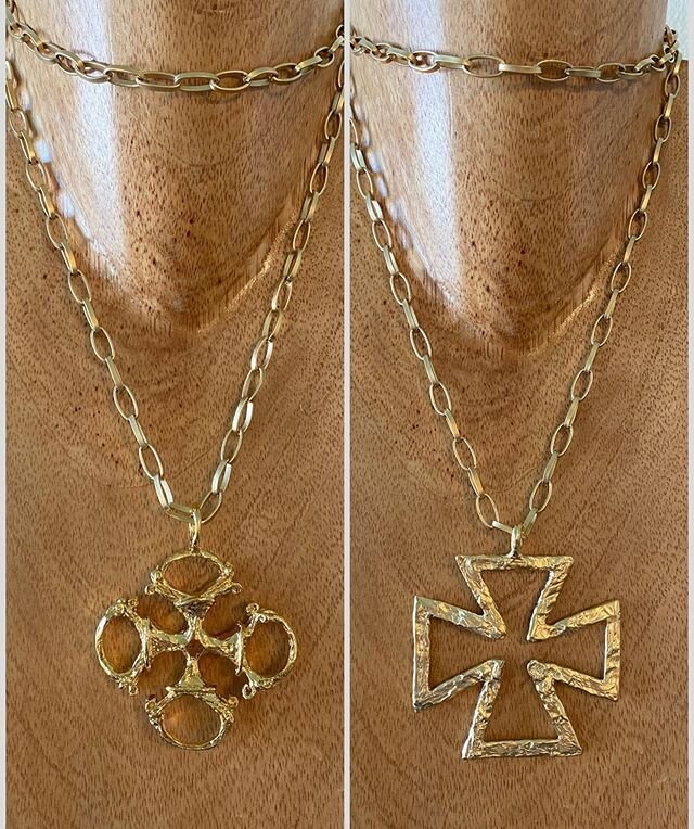 thirty-two inch long 14k gold plated chain with Crest or Maltese pendant each $425 #janetgreggjewelry #maltesedesign #crestshape #pendant #jewelry #chainlinknecklace #longnecklace #charlestonstudio