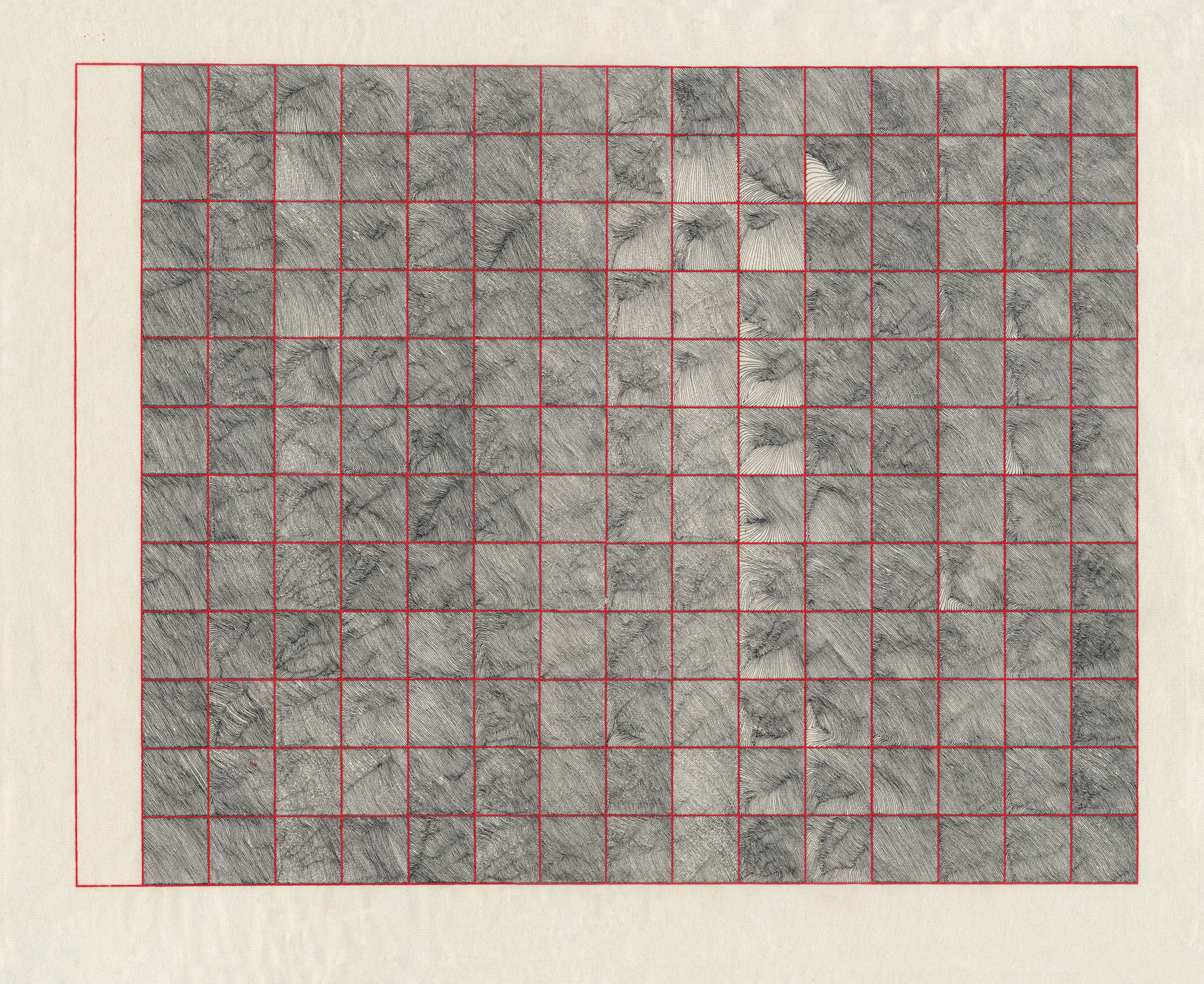Parallel Thoughts Technical pen on Chinese paper 45 x 36 cm This piece was drawn using a technical pen on machine made calligraphy practice paper. Each square was completed individually and each line responds to the inaccuracies of the line before it. Breathing, thoughts, and distractions are captured in each line as my attention and physical control naturally wavered. Each square becomes like an entry in a diary.