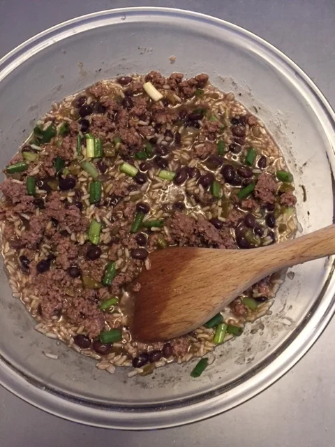 This is the casserole coming together. You pop a layer of this into the bottom of a casserole dish, dob bits of philly cream cheese on top, then add the last of this mixture onto the top. Add some cheese, and pop into the oven. Yes, I should have taken a final served-up photo!