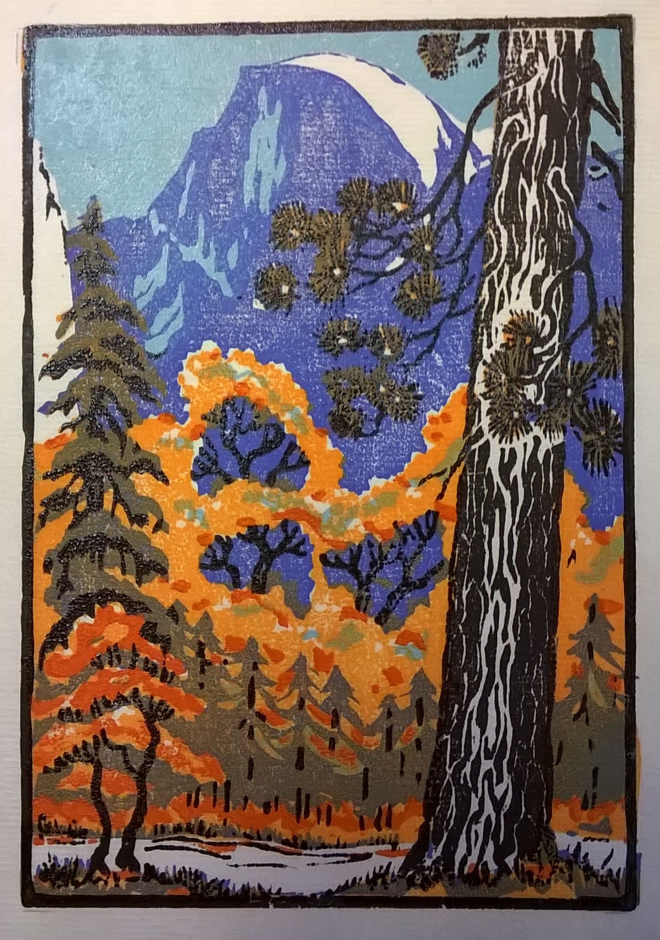 Half Dome Autumn, Yosemite | Woodcut by Martino Hoss | Original blocks carved in 1928 by Della Taylor Hoss, 5.25 x 7.5 in | $250