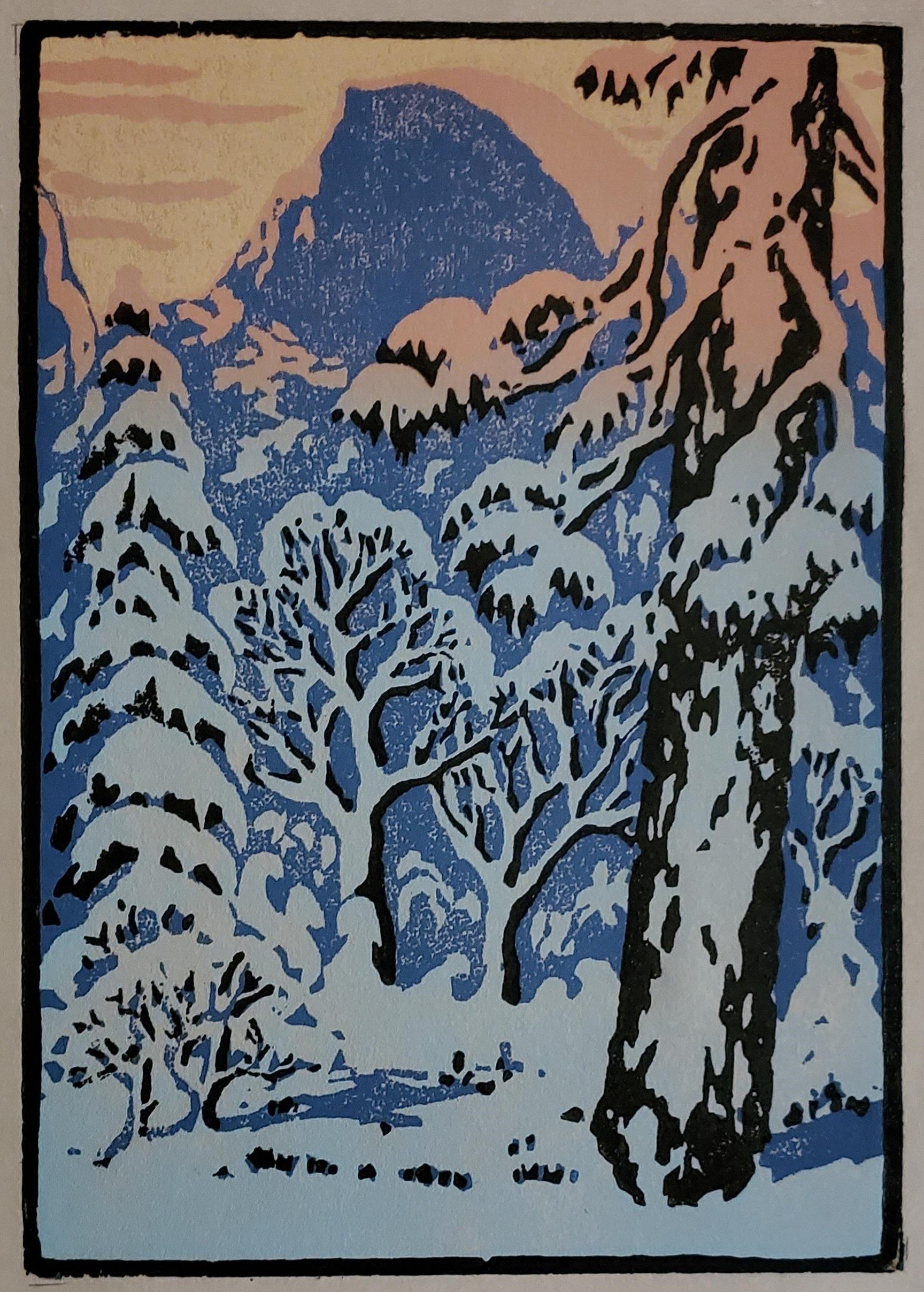 Half Dome Winter, Yosemite | Woodcut by Martino Hoss | Original blocks carved in 1928 by Della Taylor Hoss, 5.25 x 7.5 in | $250