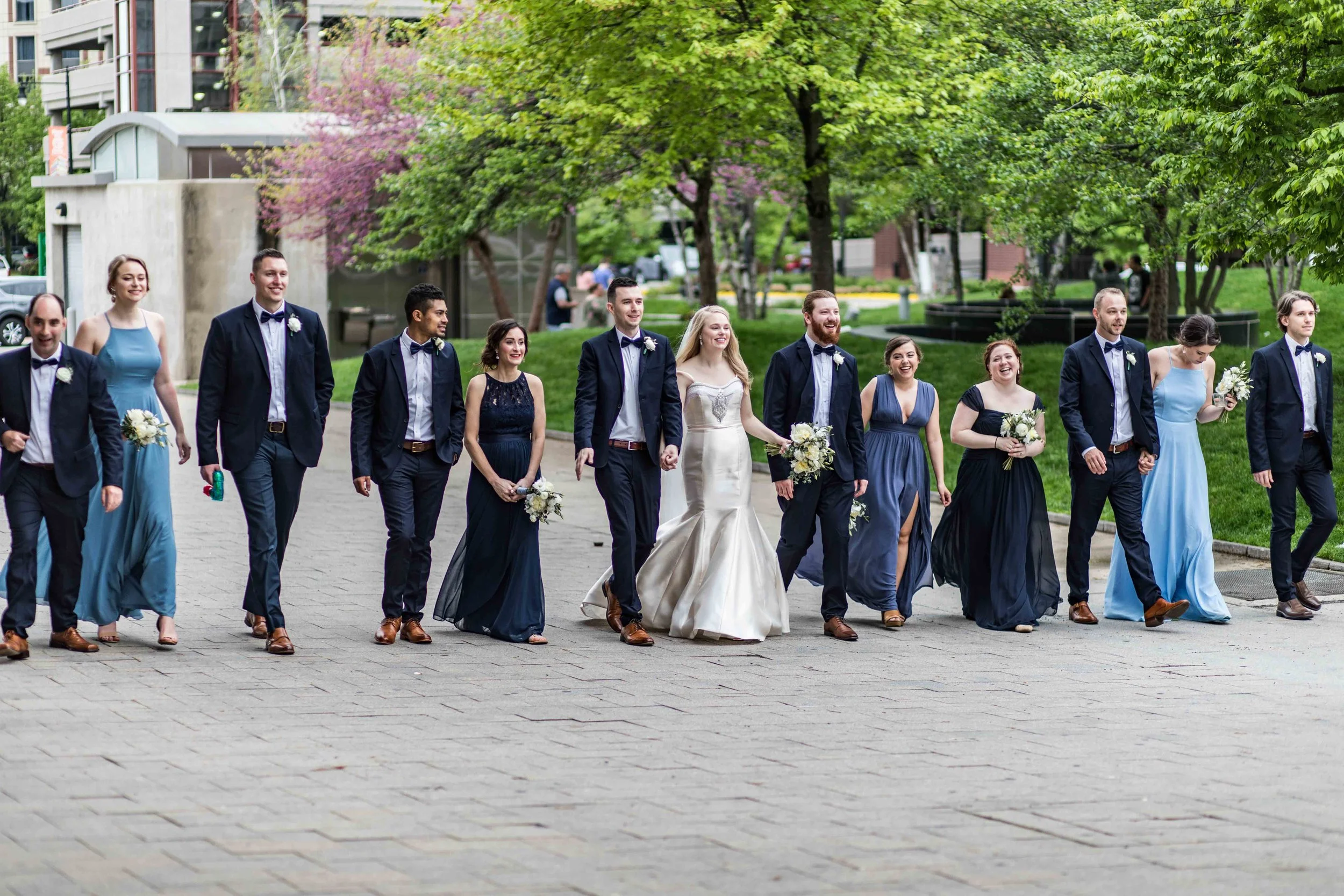 Wedding party walking downtown Grand Rapids