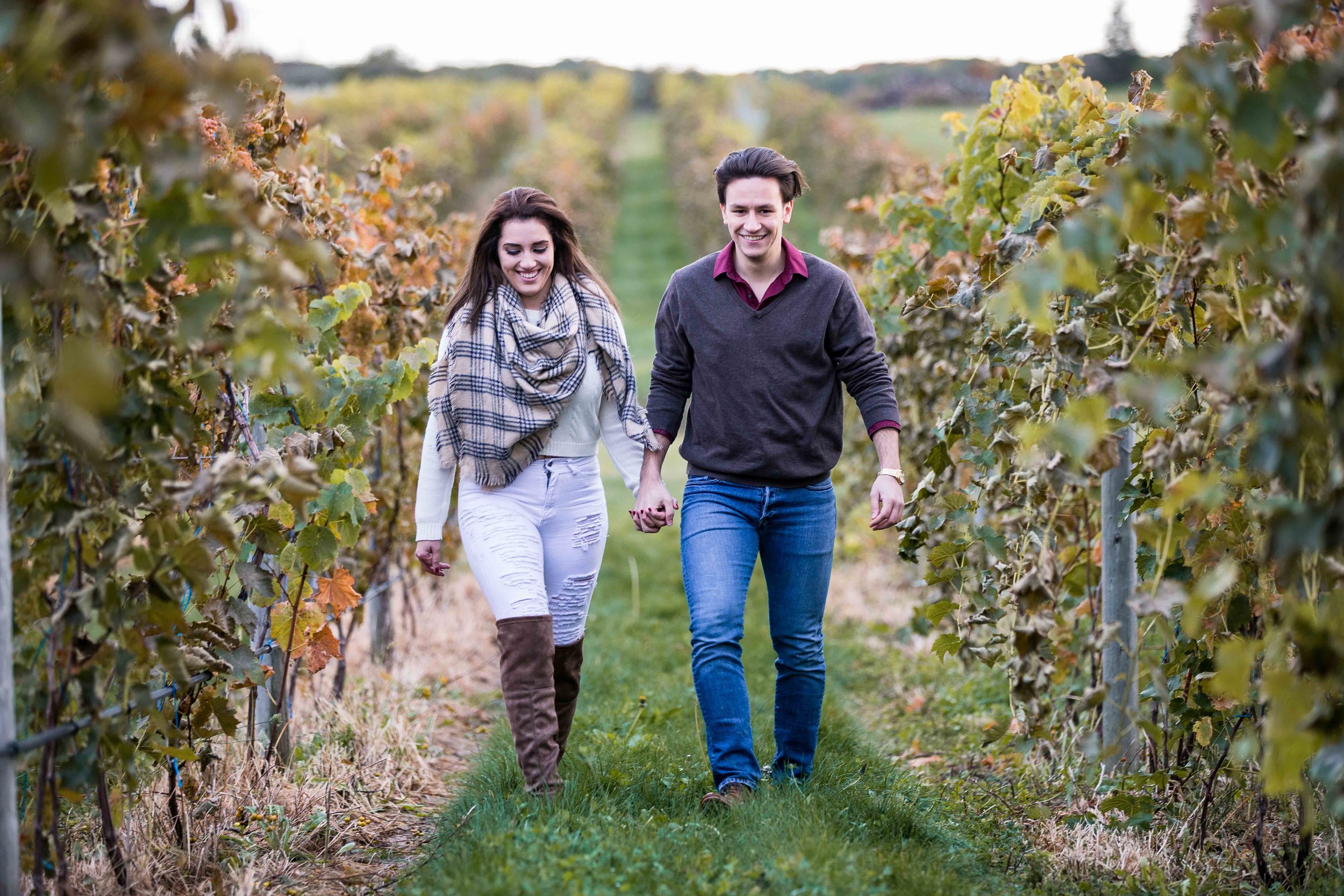  A couple walking through the vineyard holding hands 