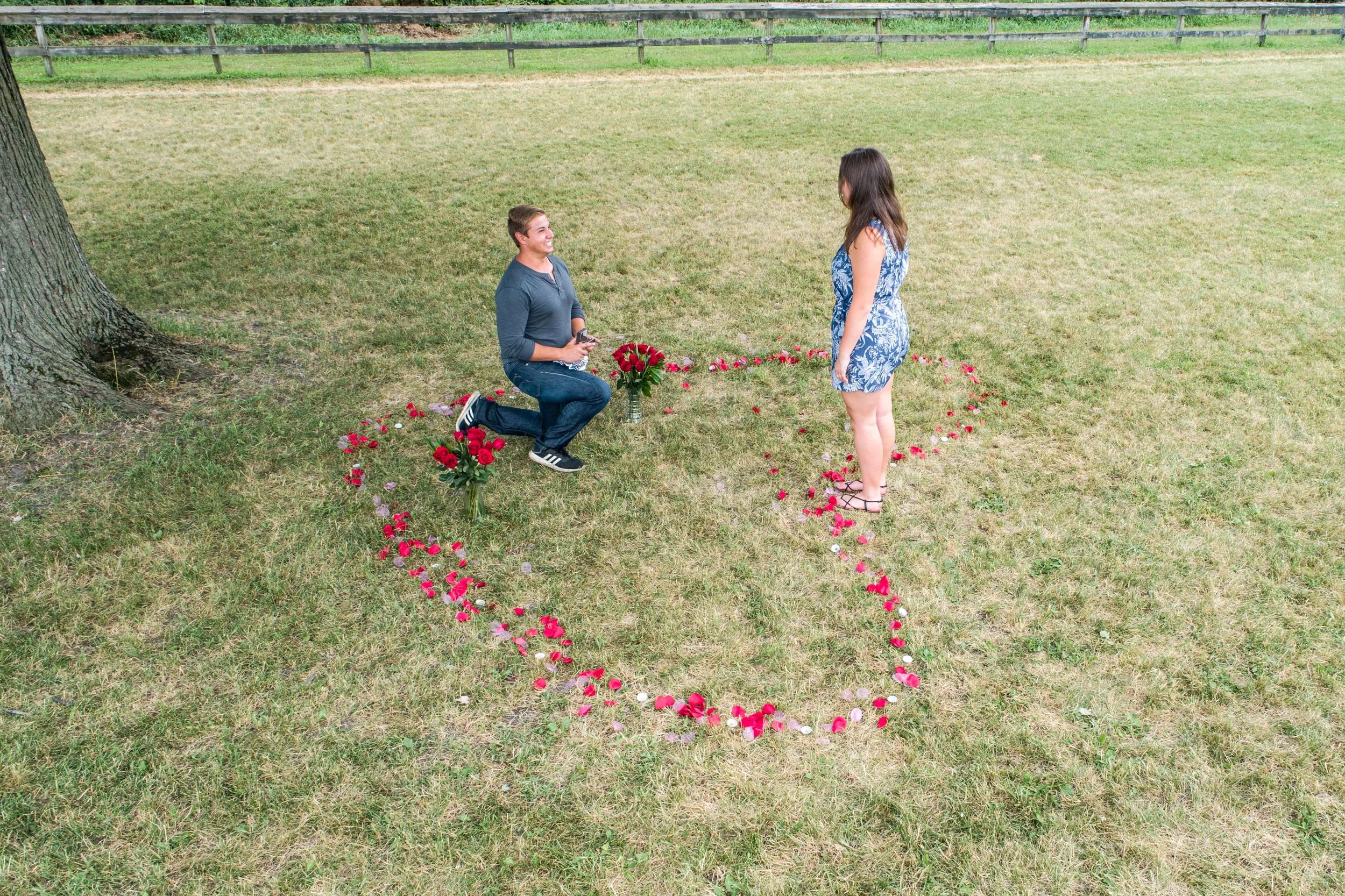 aerial photo of man proposing to his girlfriend in the center of a heart made of flower pedals