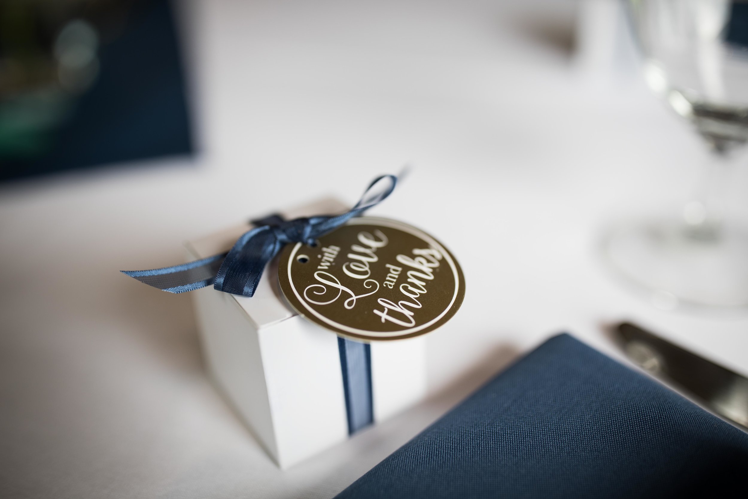  detail photo of party favor, a gift box that says with love and thanks 