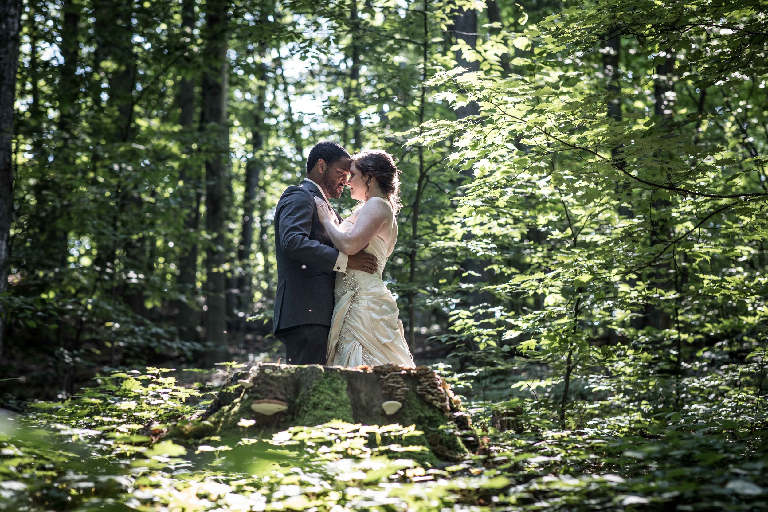  dramatic photo of bride and groom in the forest with a streak of light shining on them through the trees 