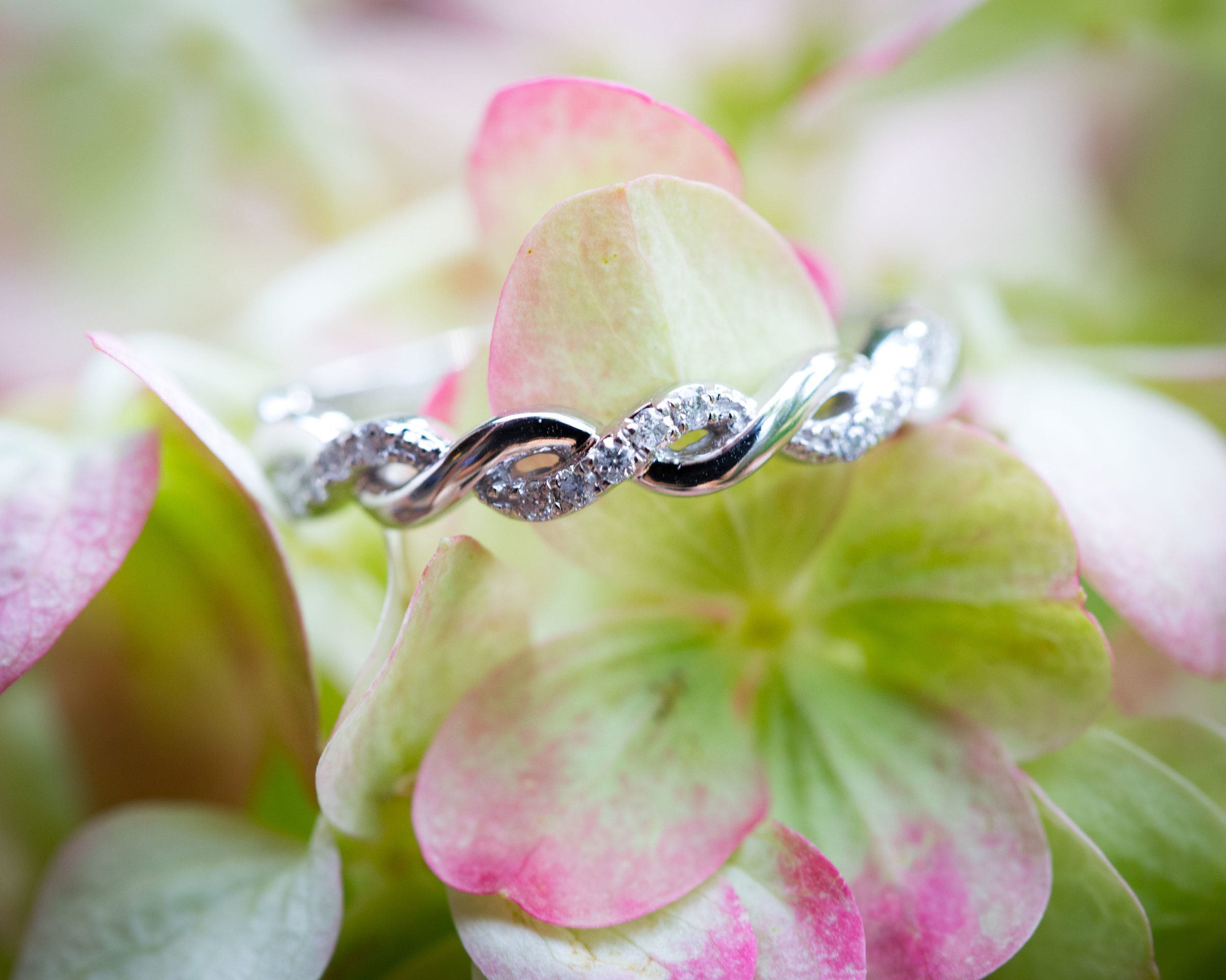  close up photo of wedding band set on a flower, showing diamonds and detail 