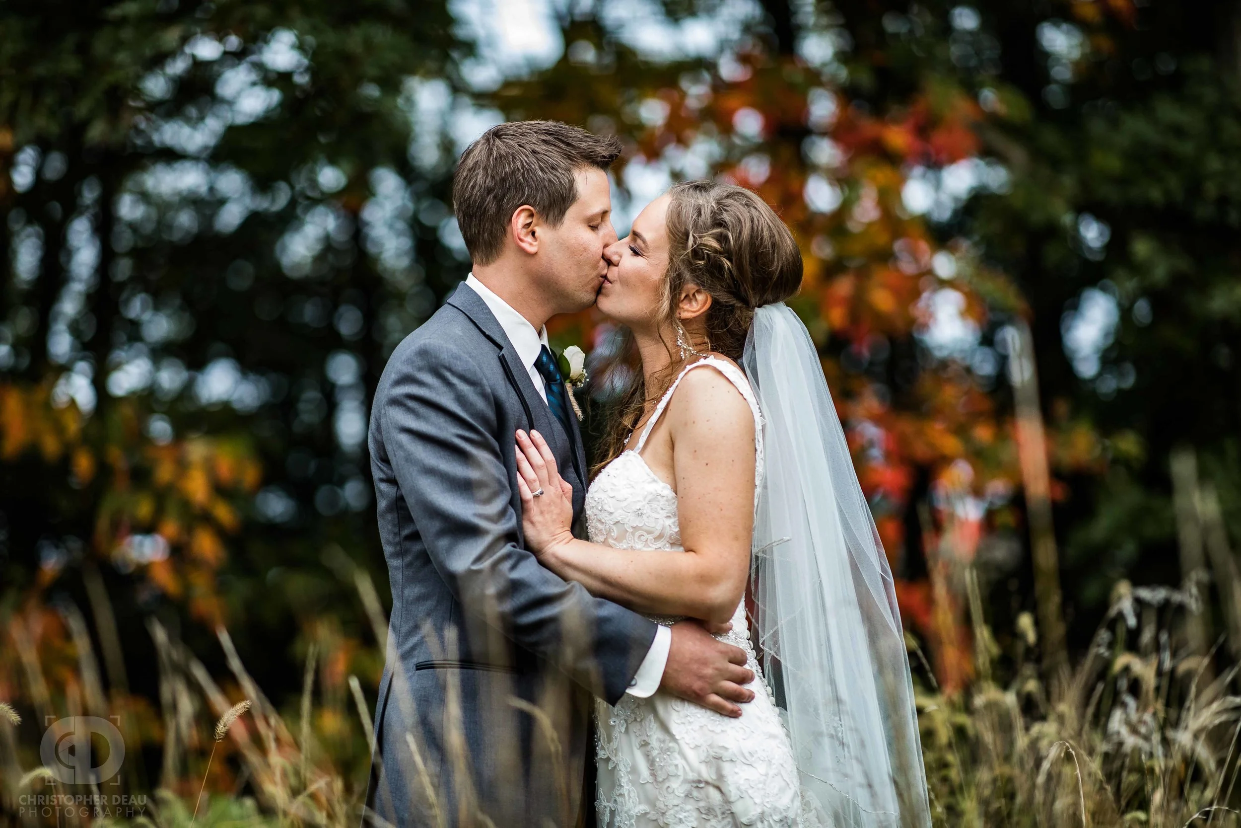 Bride and groom portraits in Southwest Michigan October Fall scene