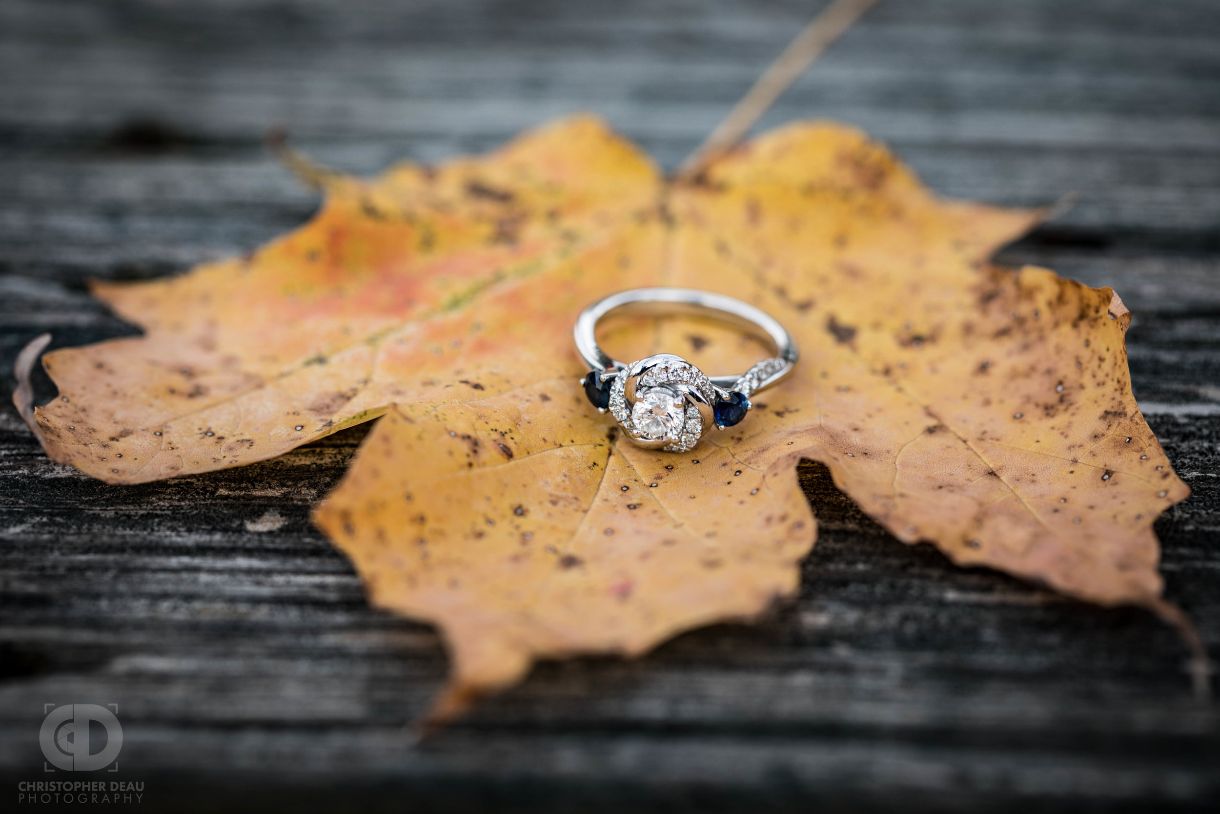  Fall engagement session photo of engagement ring placed on a fallen Autumn leaf sitting on a rustic barn wood table 