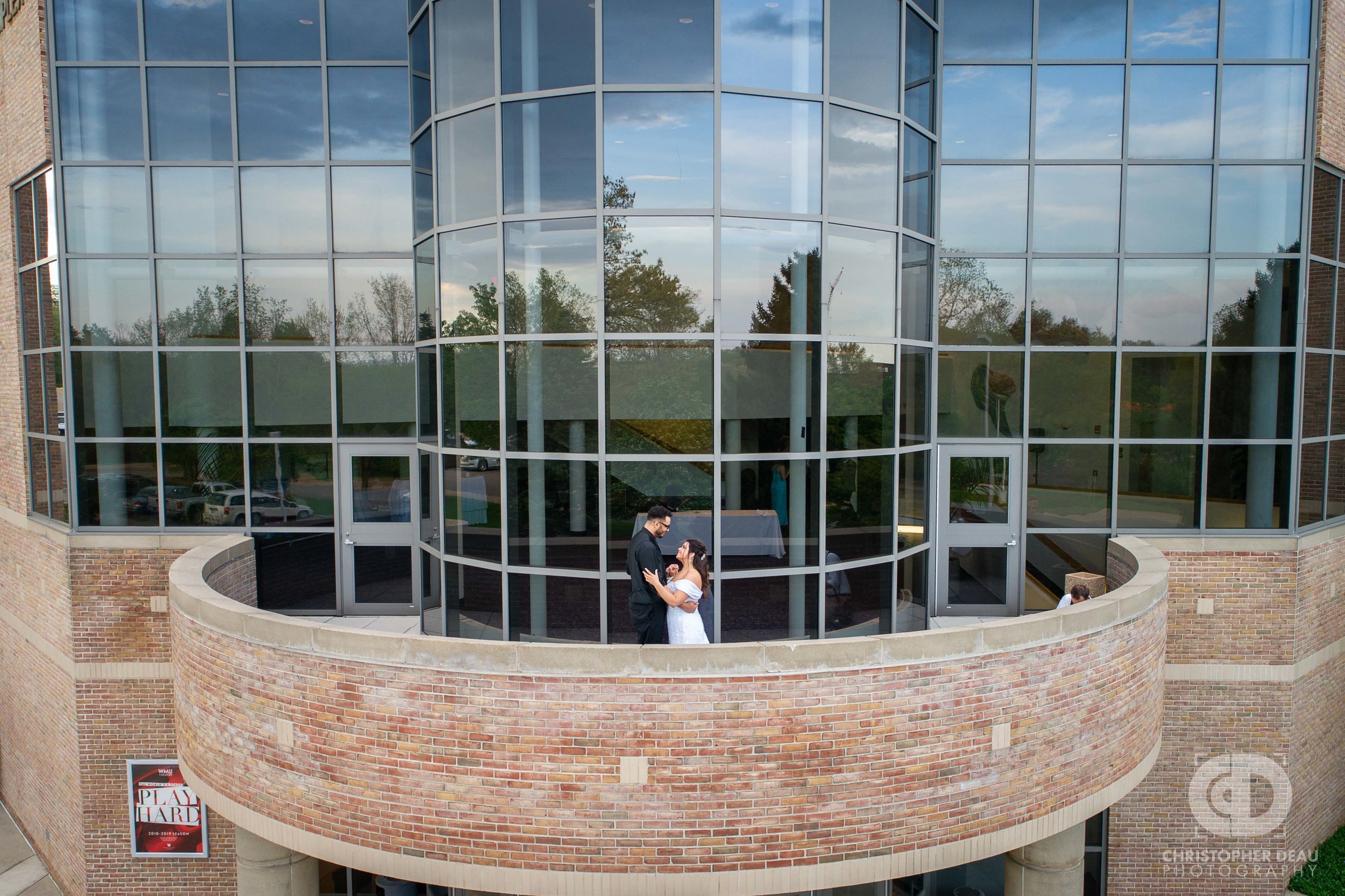  drone shot of bride and groom at WMU 