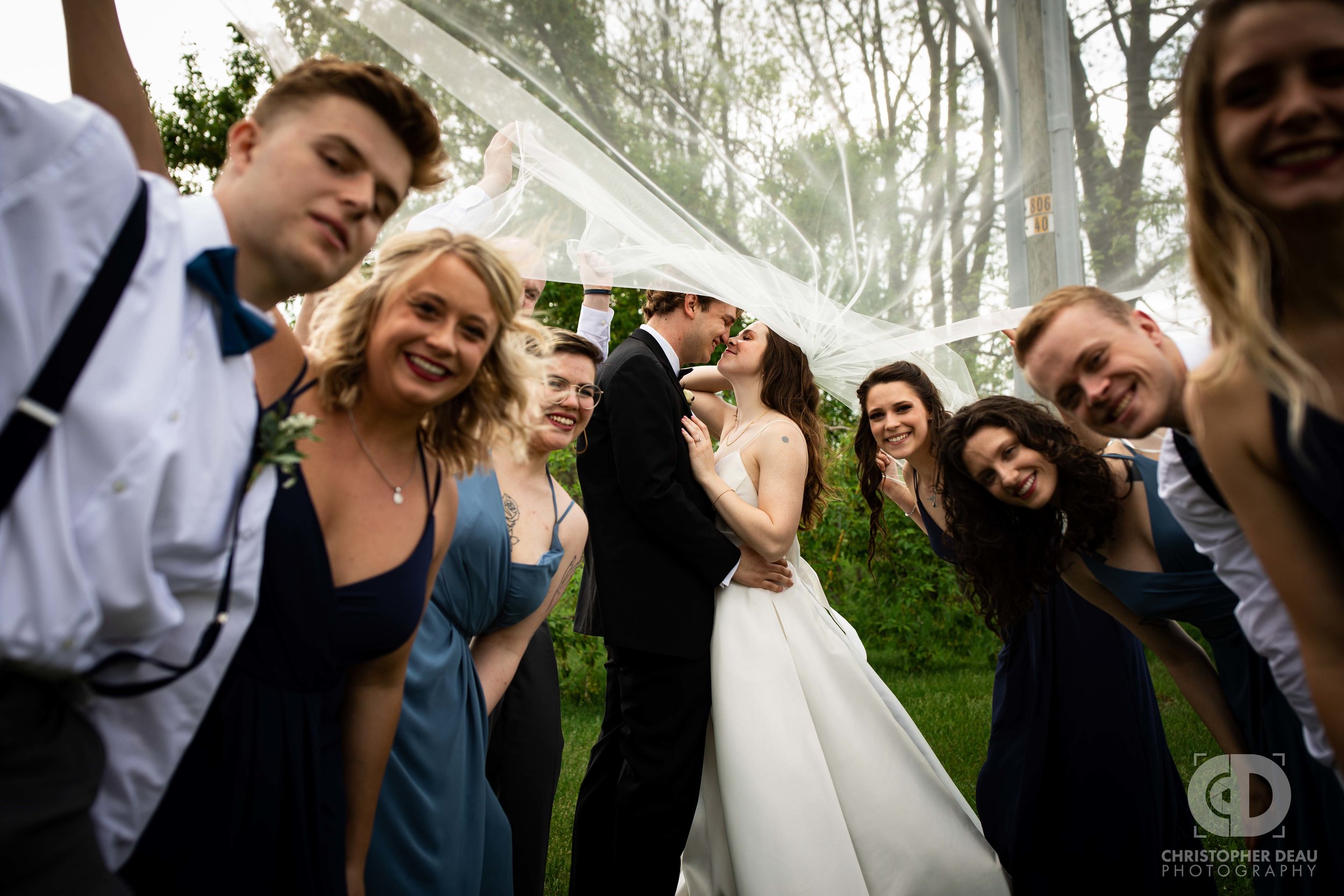  all of wedding party under the brides veil 