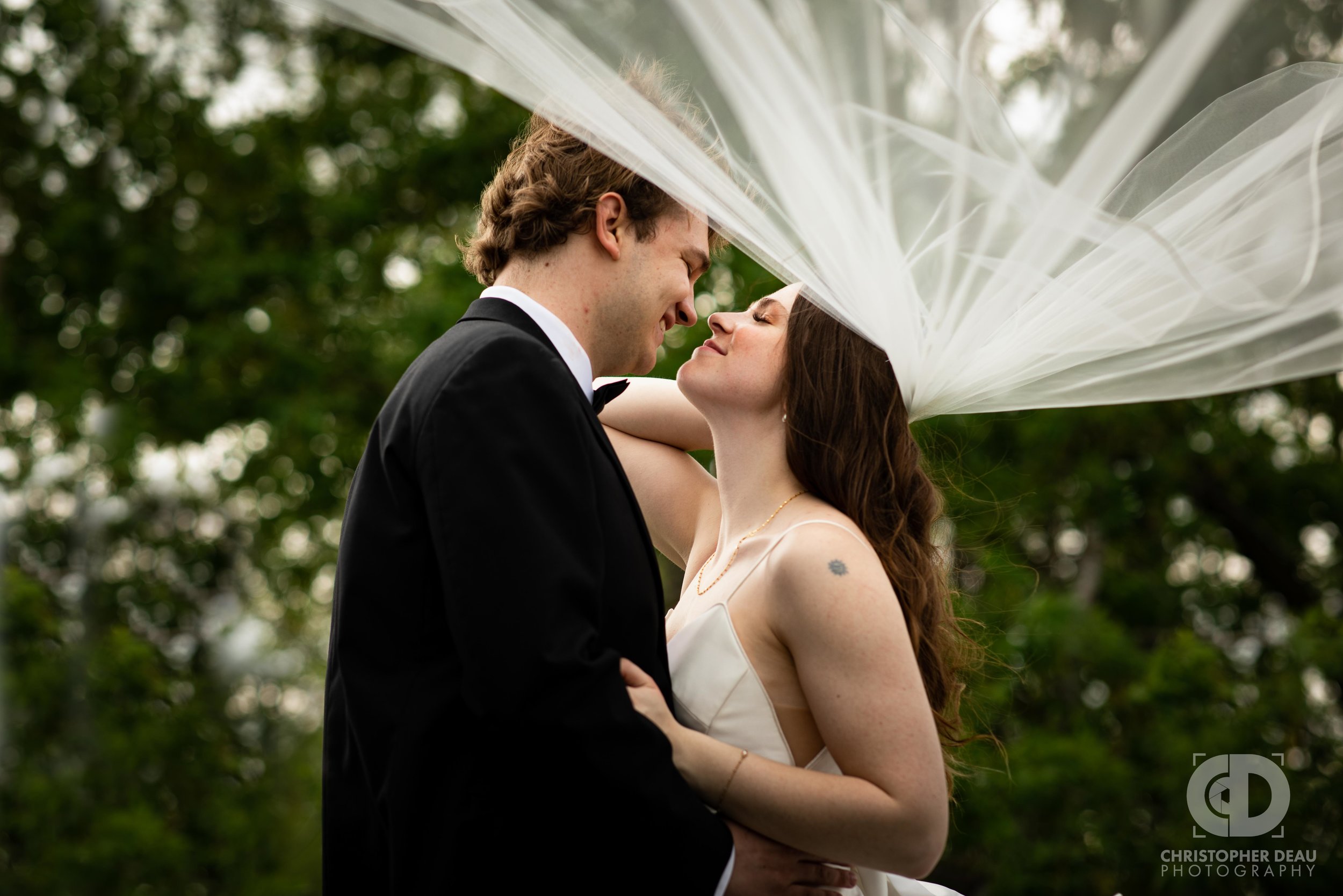 Bride and Groom kissing under white veil-.jpg