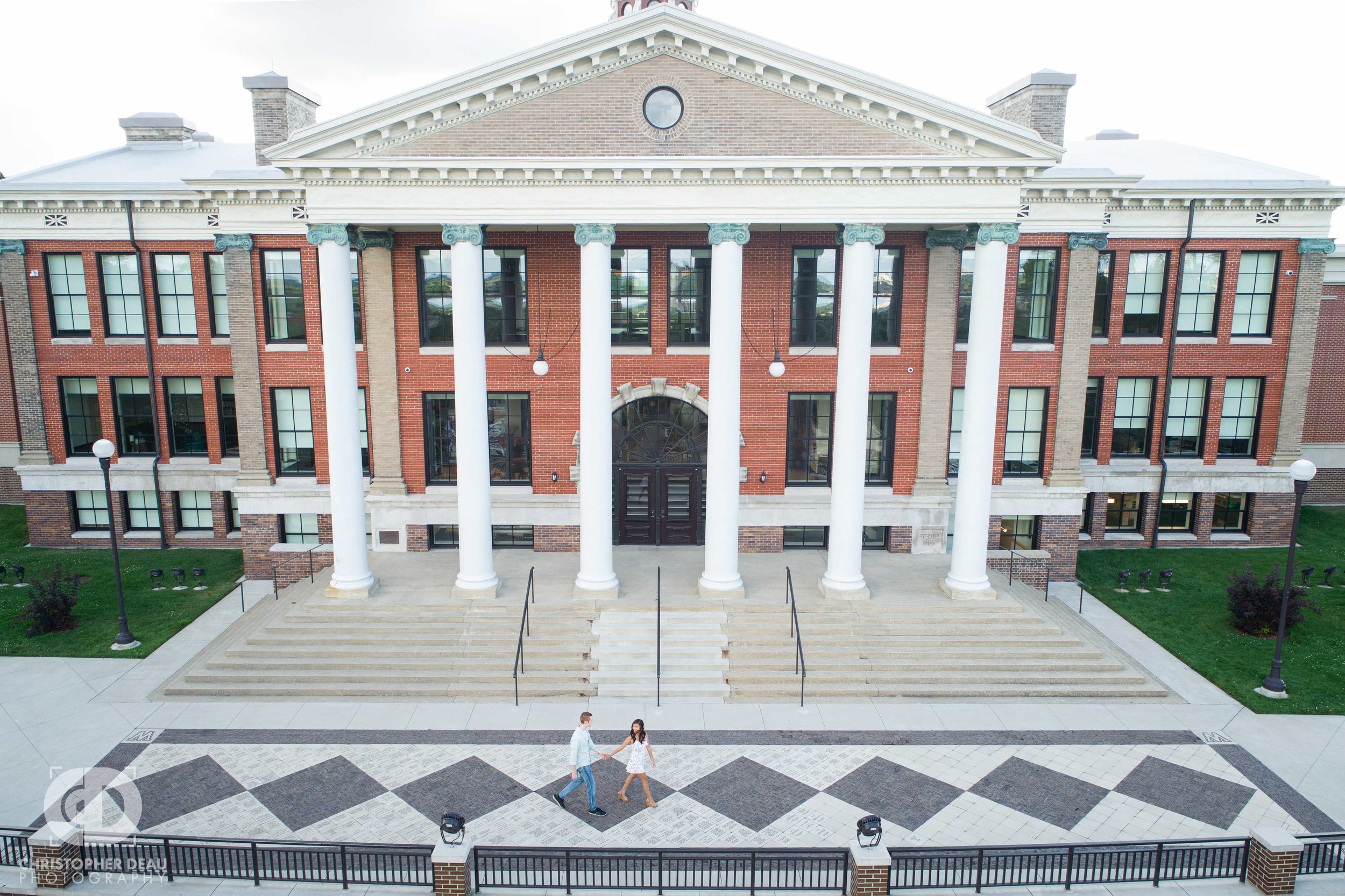  drone photo of Heritage Hall during engagement session 