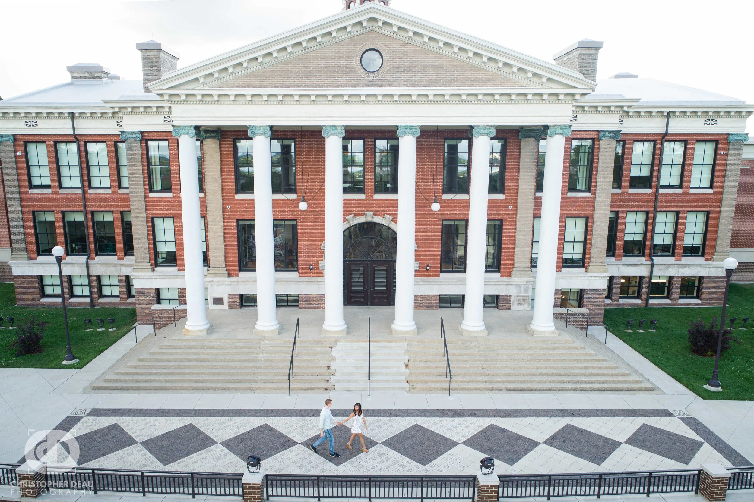 drone photo of Heritage Hall during engagement session