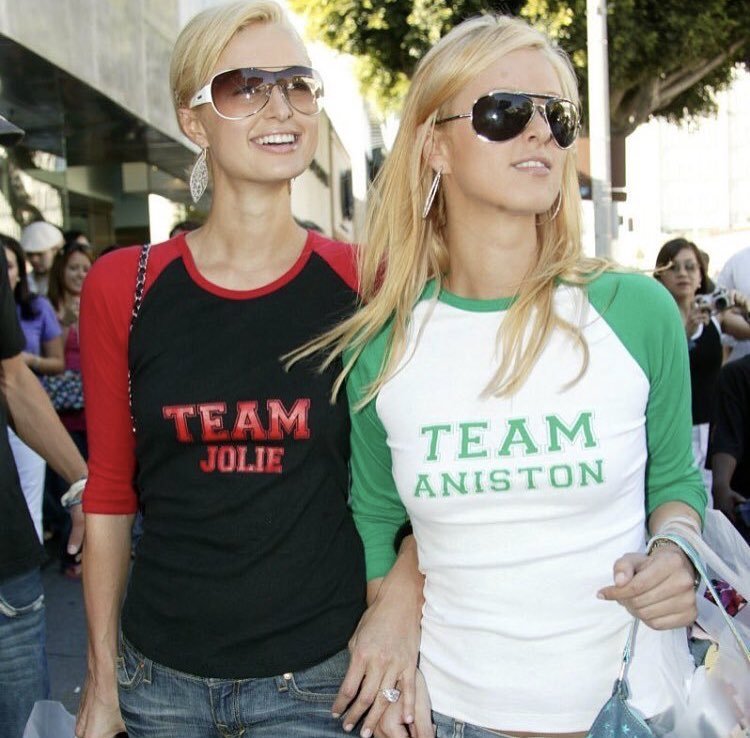 Paris & Nicky Hilton in matching "Team Jolie and Team Aniston" shirts