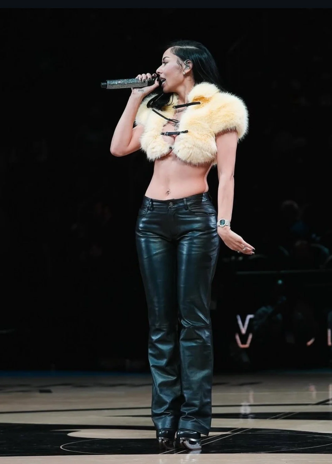 Mariah the Scientist in Fanci Club Karolina cropped jacket and Dsquared2 Skate Moss Boot Heels
