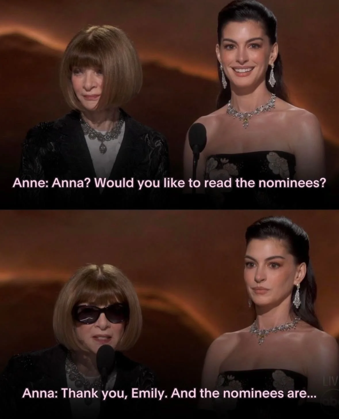A little Devil Wears Prada moment at the Oscars. 🕶️

Anna Wintour and Anne Hathaway just gave fashion fans a moment we&rsquo;ll be replaying all week.
