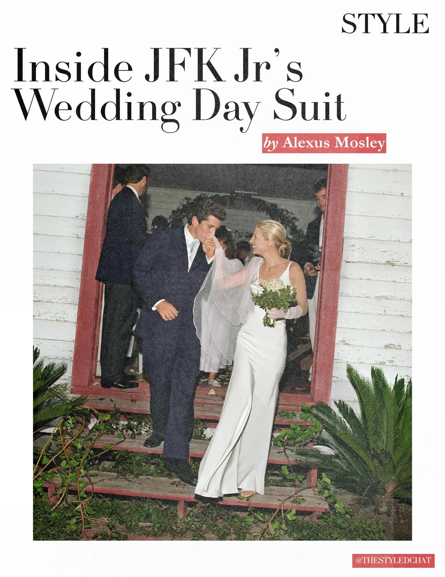 While Carolyn Bessette-Kennedy&rsquo;s slip dress became one of the most iconic bridal looks of all time, John F. Kennedy Jr.&rsquo;s wedding day suit deserves a closer look.

From the navy tailoring and pale blue tie to the watch that once belonged 