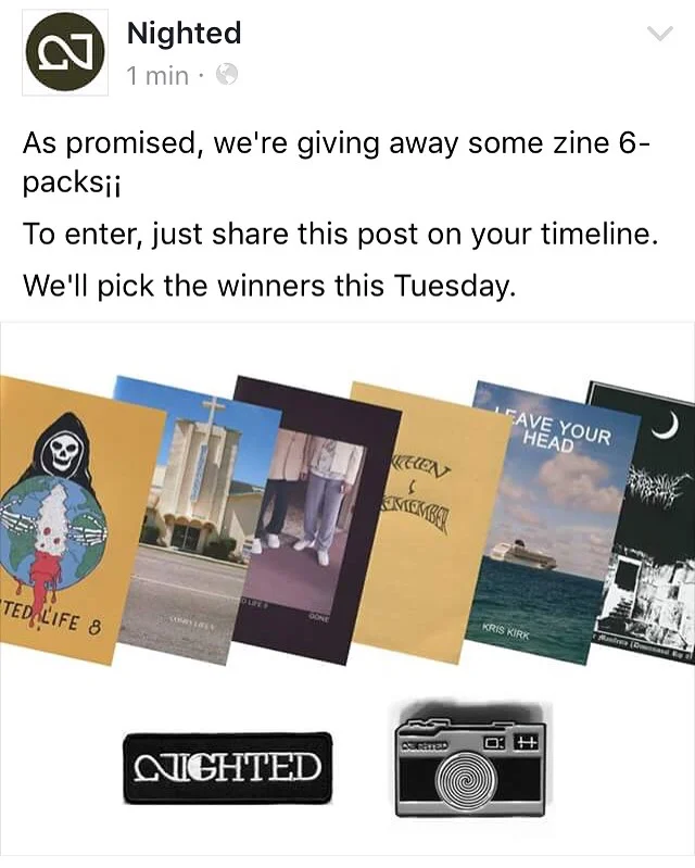We’re giving away some zine 6-packs on facebook. To enter, go to our page and share our top post (above) on your timeline. https://facebook.com/nightedlife Winners announced this Tuesday, June 7th¡¡