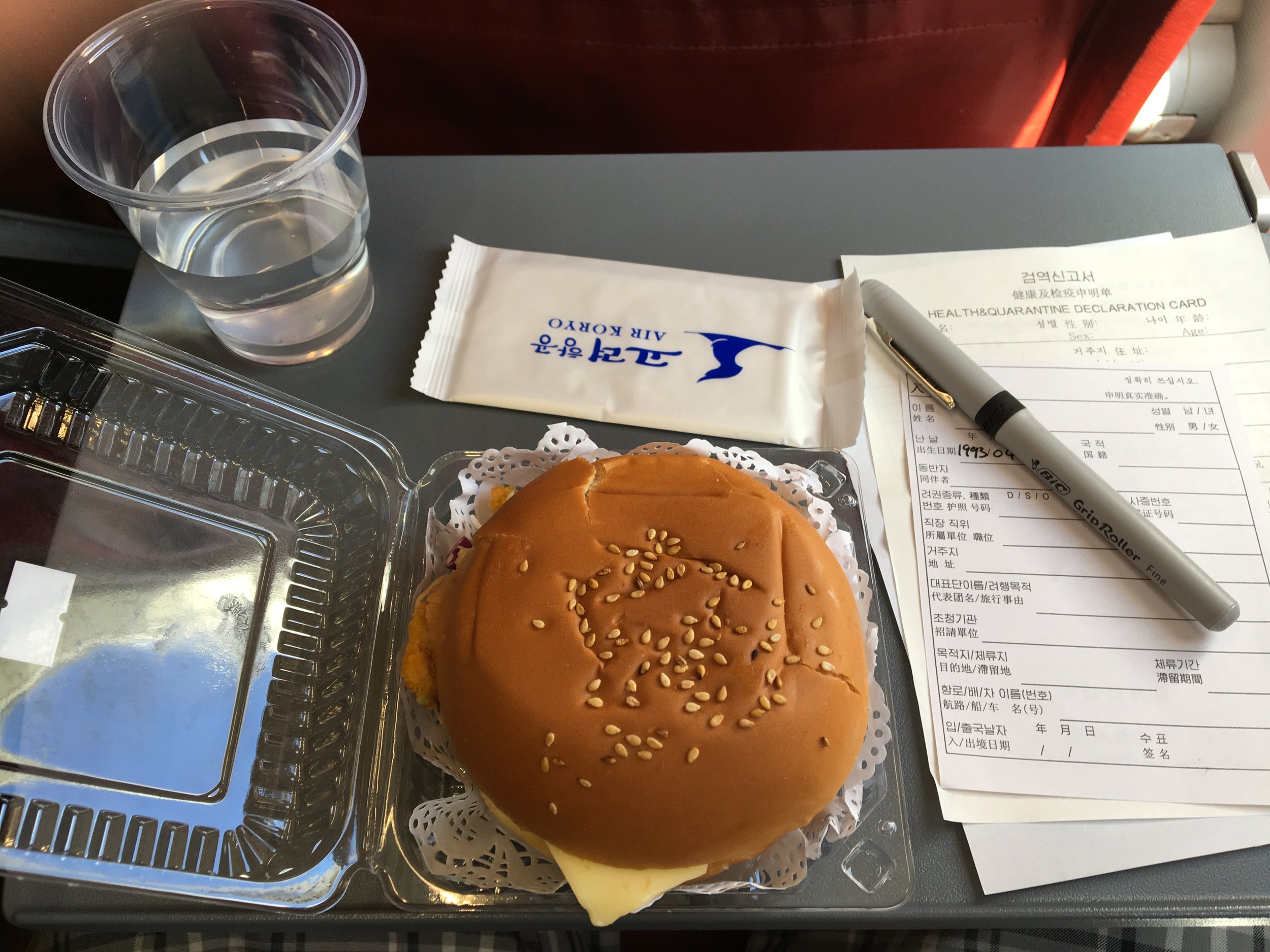 Chicken sandwich lunch and customs forms aboard Air Koryo