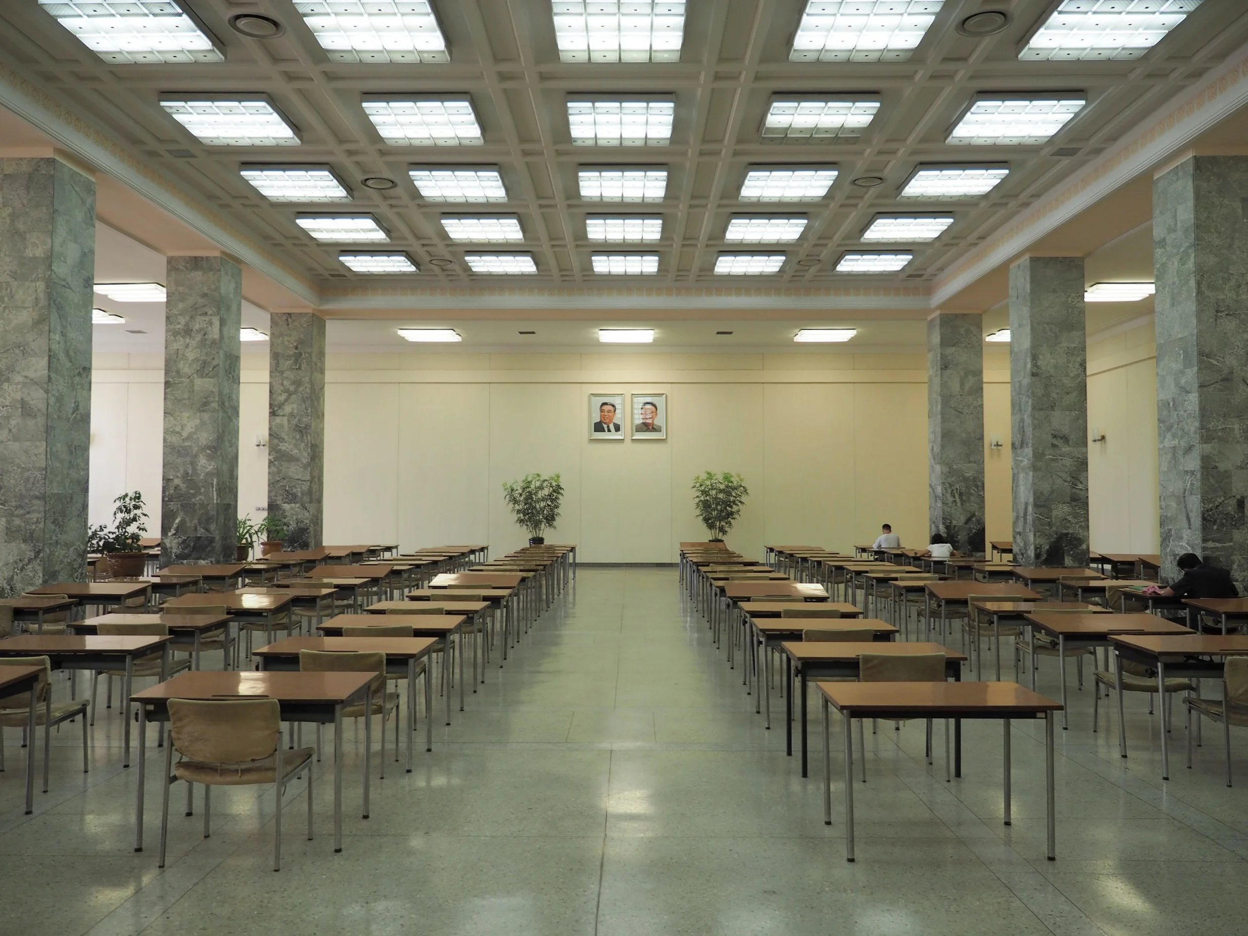  Desks set up in a study hall 