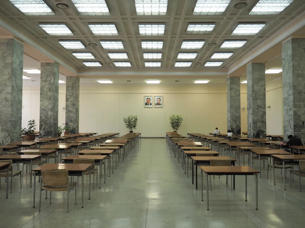  Desks set up in a study hall 