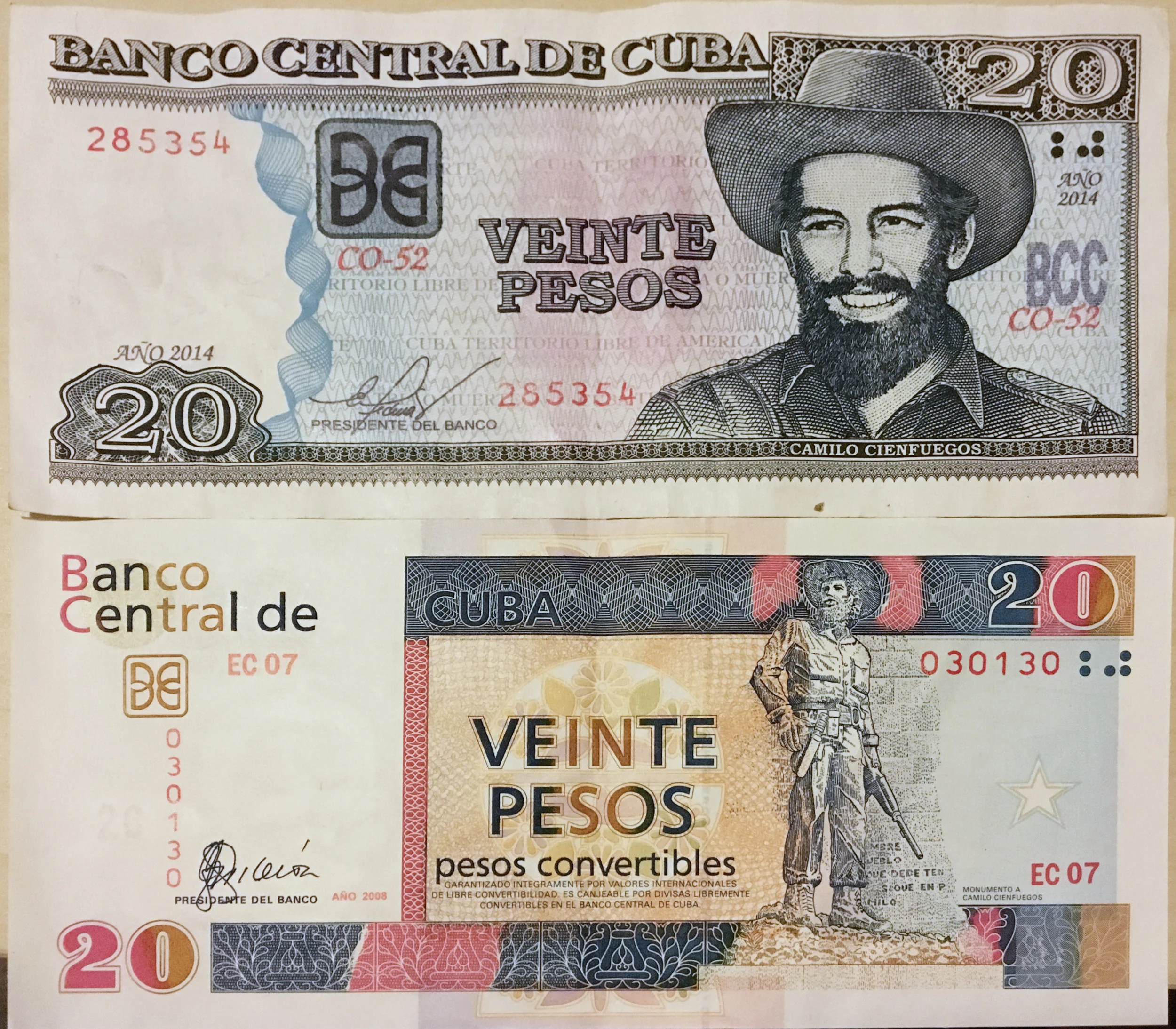 $20 Pesos Nacionales (CUP) top, vs. $20 Pesos Convertibles (CUC) bottom