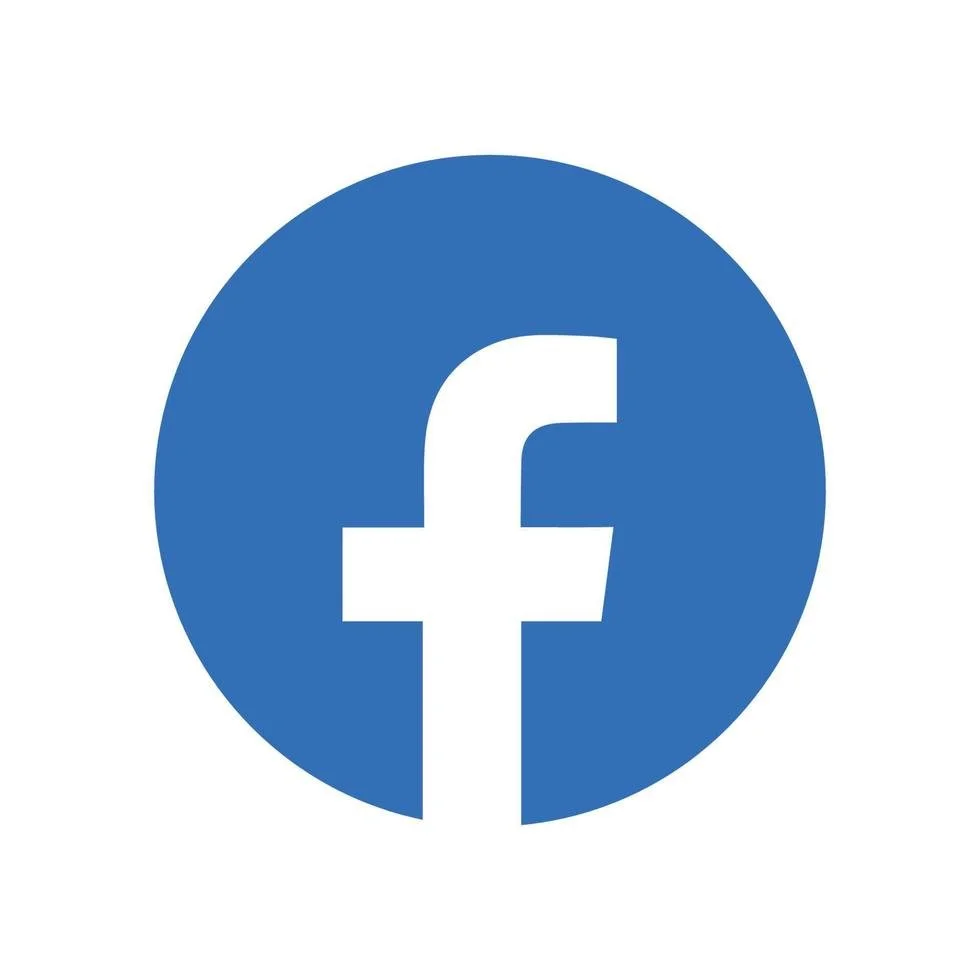 Facebook logo in a blue circle.