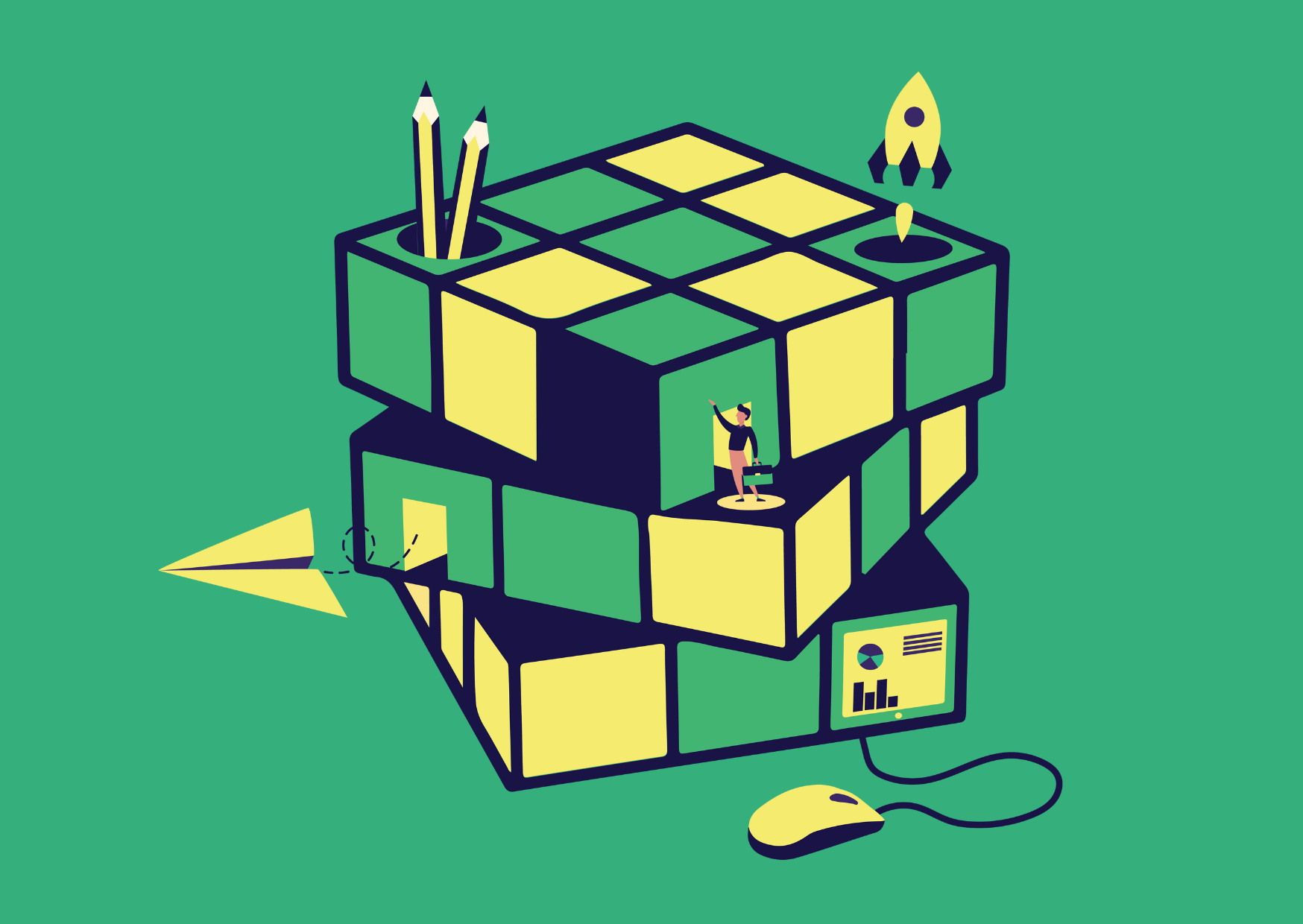 A vector image of a Rubix cube with various work-related tasks on its sides