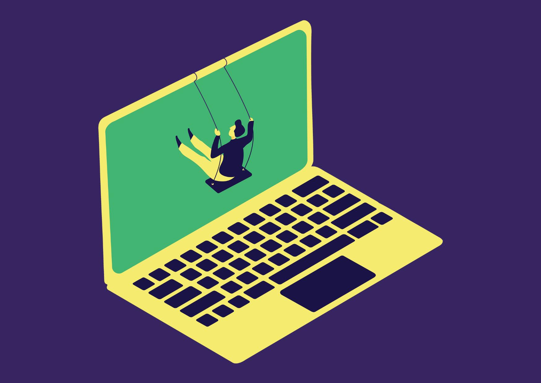 A vector image of a laptop computer mixed with a person on a swing representing play in work