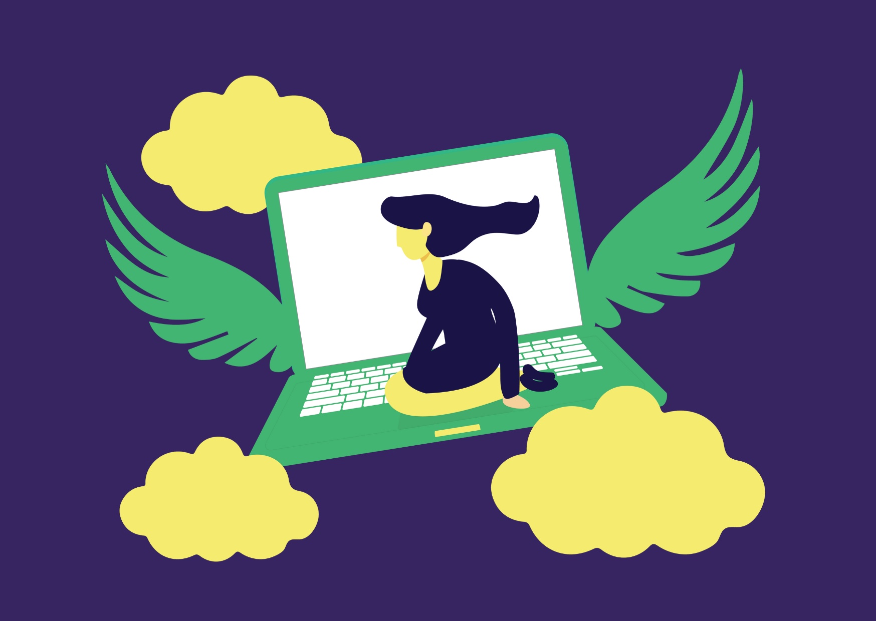 A vector image of of person sat on a laptop computer with wings, as if they're flying in the sky
