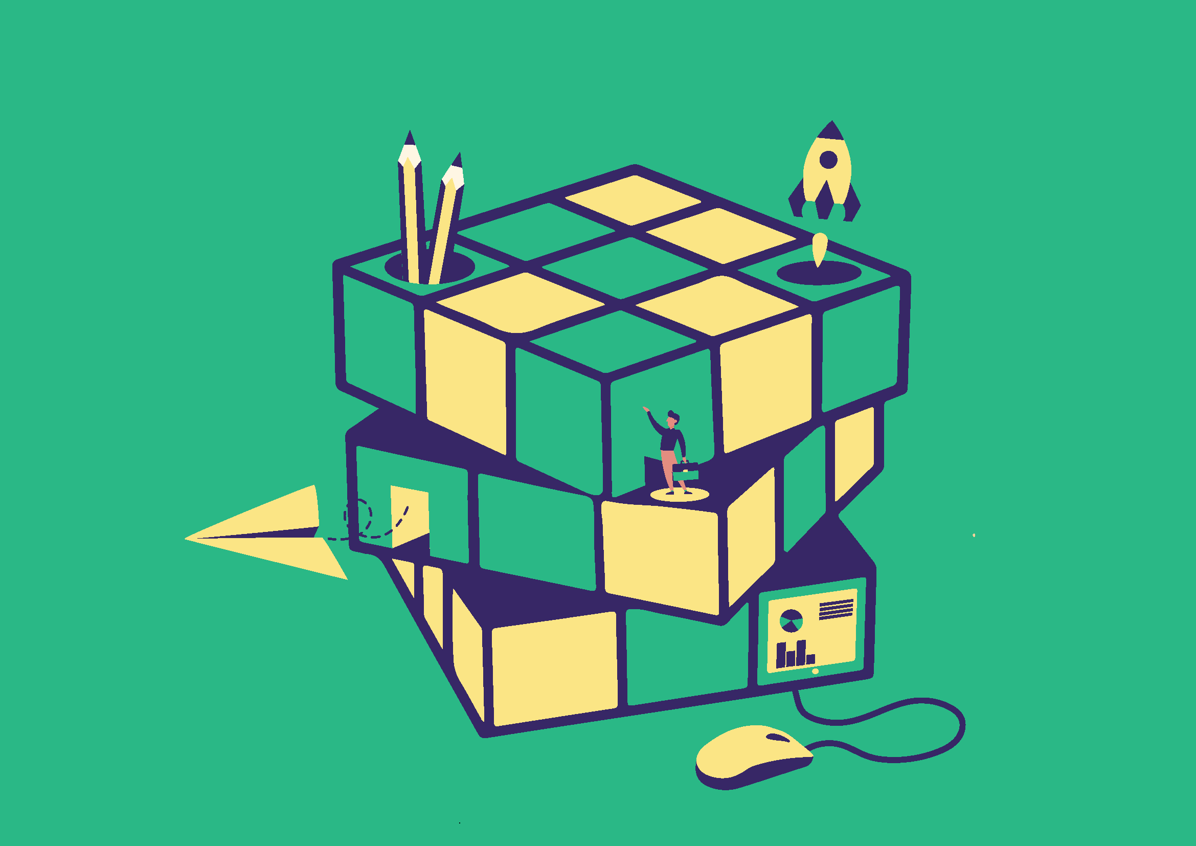A vector diagram of a Rubix Cube containing various elements of a person's job. This shows the complexity of modern work.