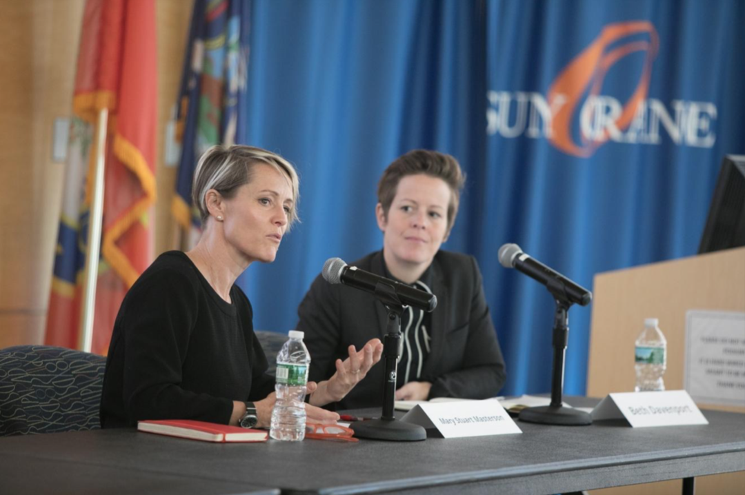 Stockade Works' Mary Stuart Masterson and Beth Davenport address the Hudson Valley Film Industry Conference on Thursday at SUNY Orange's campus in Newburgh. Photo: Allyse Pulliam for the Times Herald Record.