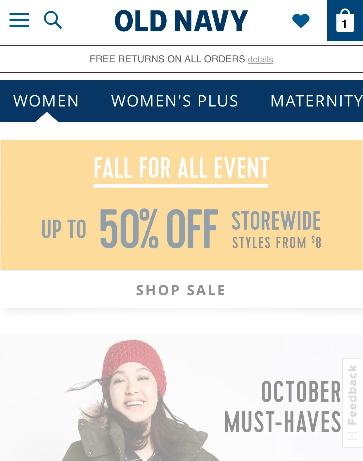 Once you opt into a division a white pointer indicates where you are. We took this learning and applied it to our large category pages as well. IE: denim & tops.