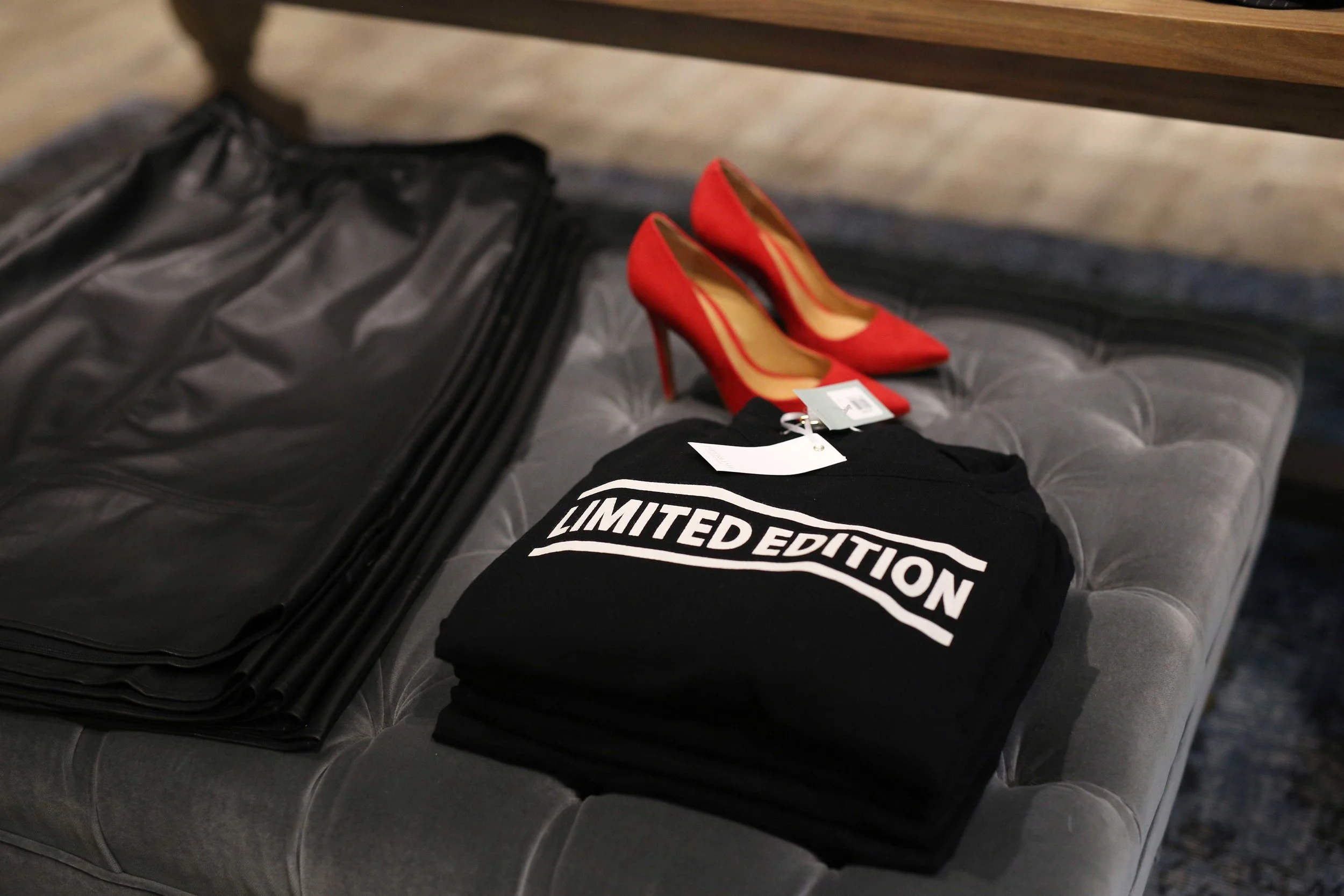 Luxe velvet tufts serve as seating and displays for key merchandise.