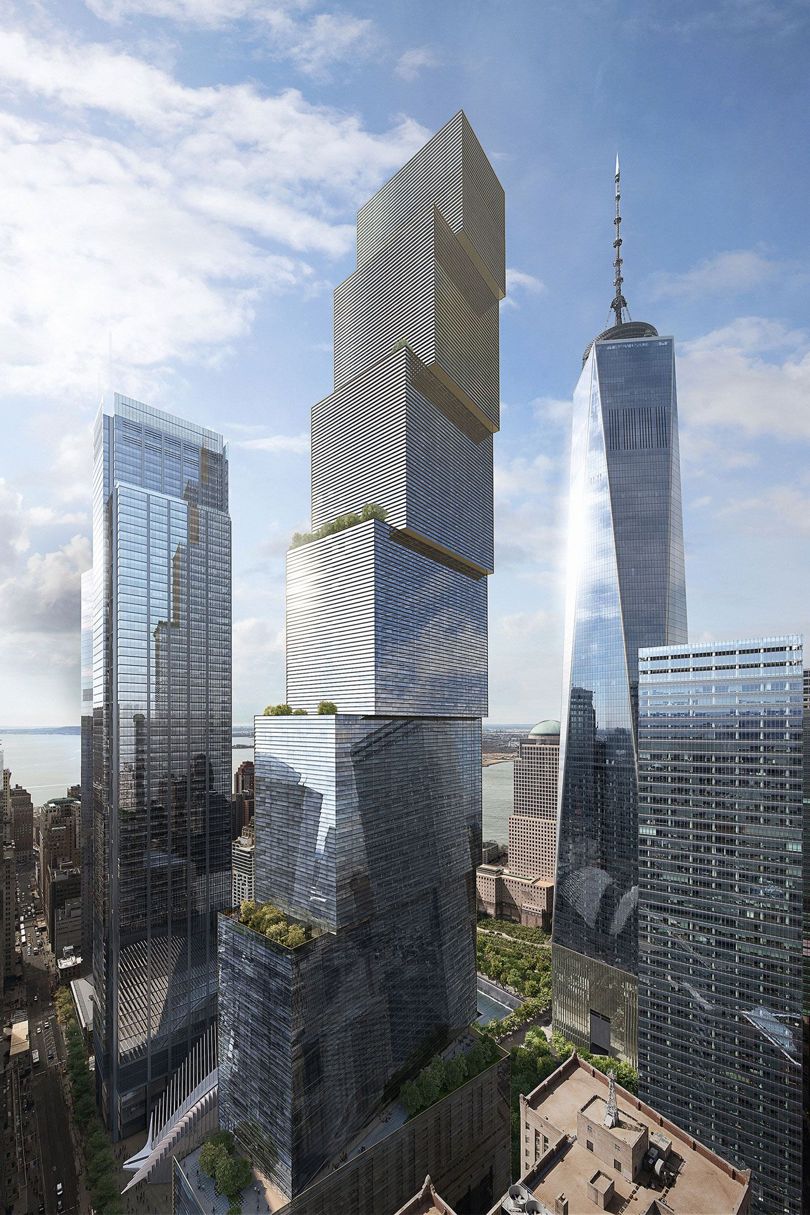 2 World Trade Centre, New York. BIG's stepped tower for the World Trade Center site hinges on its off-centre core. The proposal overlooks the memorial and Daniel Libeskind's One World Trade Center, though the building is still awaiting go-ahead for construction